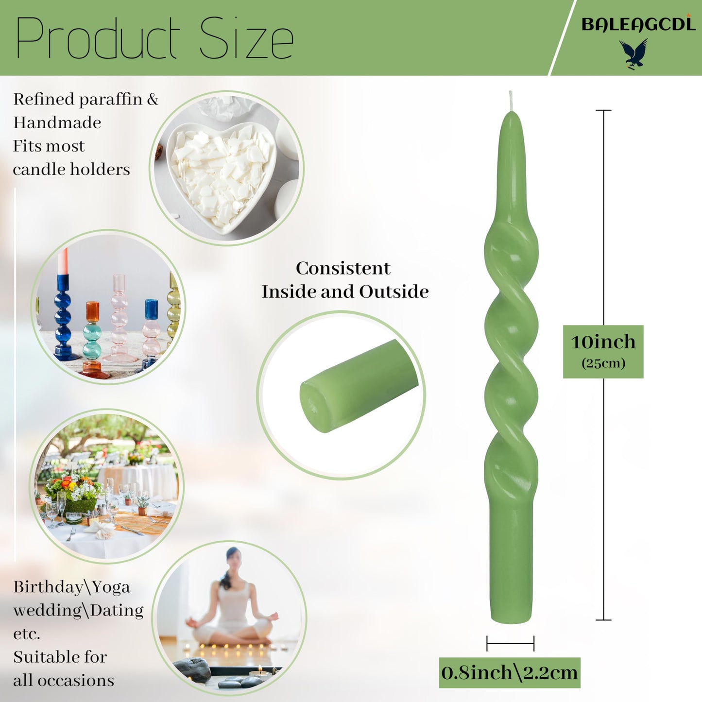 BALEAGCDL Unscented Twisted Taper Candle Gradient Green Spiral Candlesticks 10 Inch Handmade Smokeless Dinner Long Candles Set for Holiday Wedding Party Gift Home Decoration