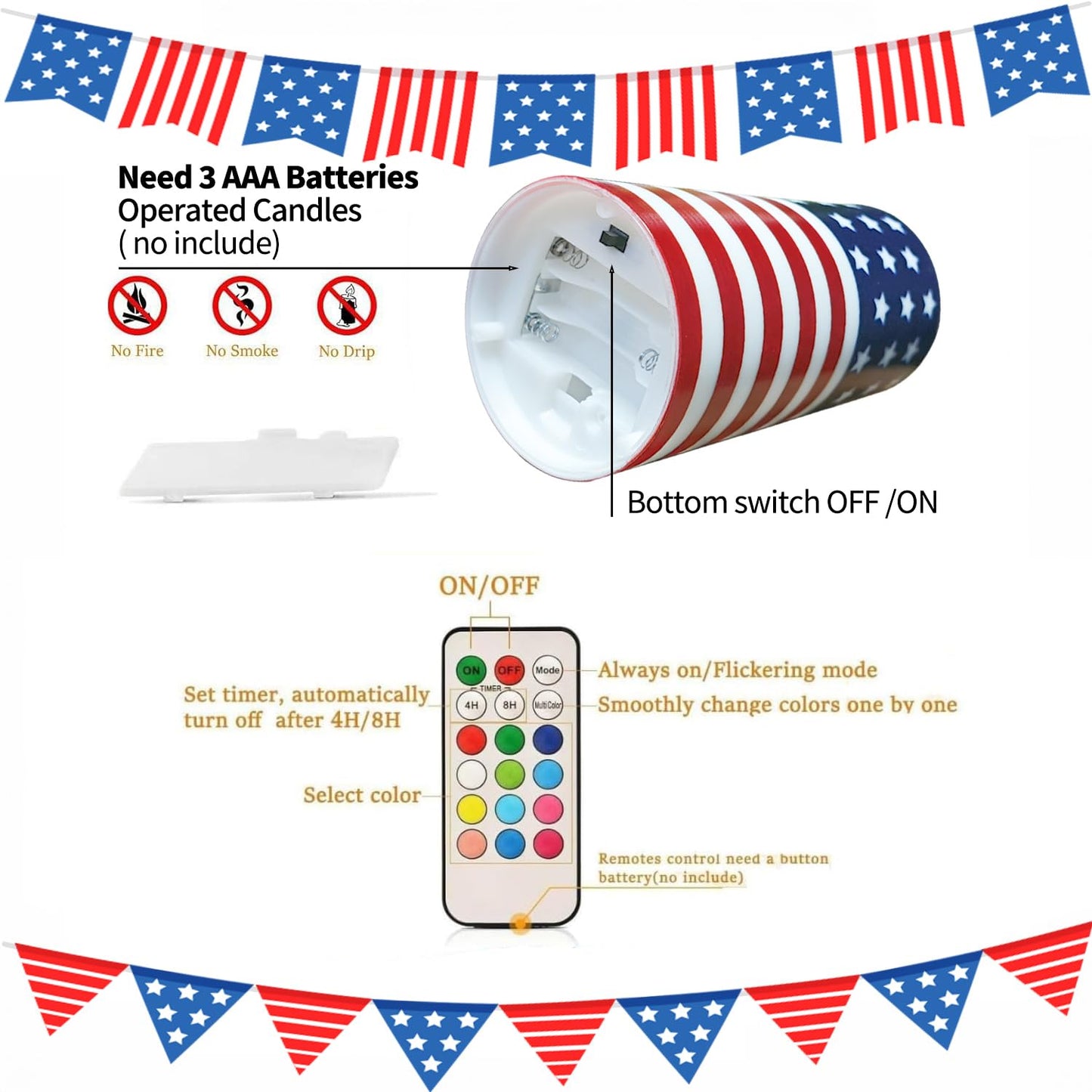 ONEIHOMM 4th of July Candles Battery Operated with Timer Remote Control for American Independence Day Decorations,250th Anniversary USA Patriotic Red White and Blue Candle