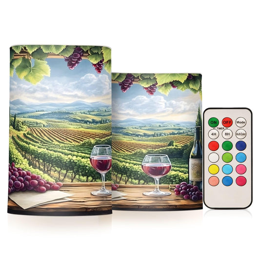 ALAZA Flickering Flameless Candles Red Wine Bottles with Grapes Window Battery Operated Candles with Remote Timer LED Pillar Votive Candles Set of 2 for Holiday Decor