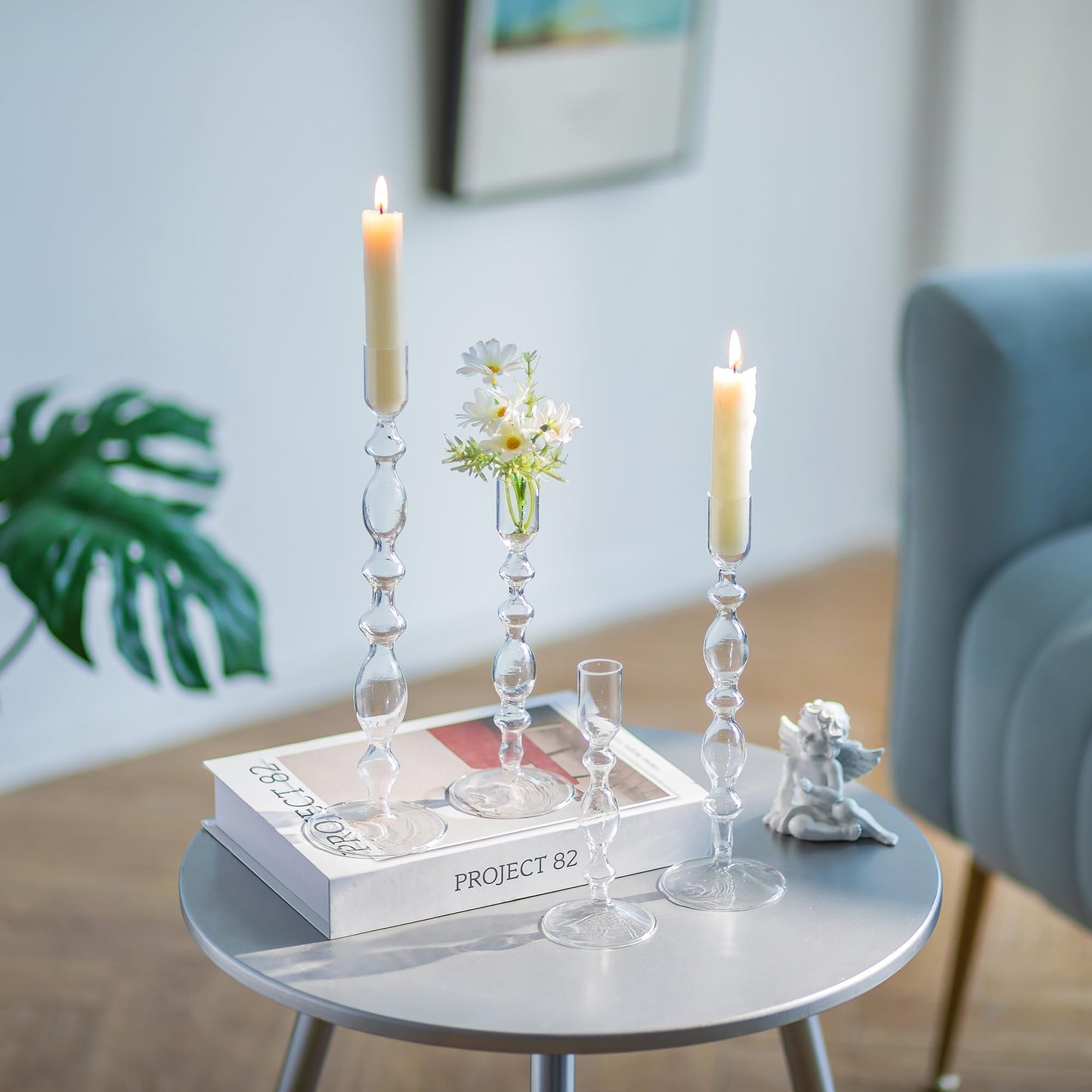 Glasseam Glass Candle Holders for Candlesticks: Clear Taper Candle Holders Set of 4 Modern Candle Stick Holder Tall Candle Holders for Table Centerpiece Wedding Party Dining Room Home Decor