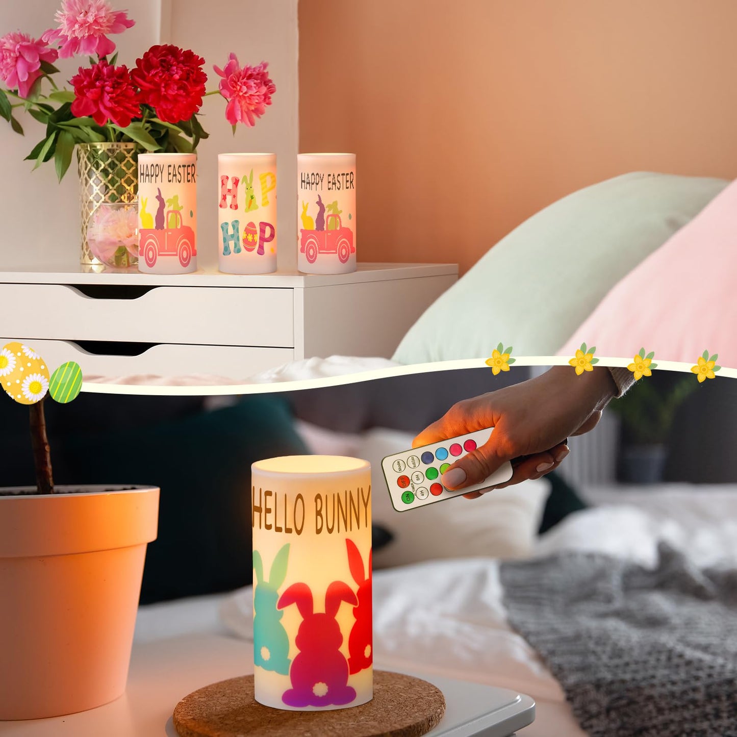 Retisee 3 Pcs Pastel Easter Flameless LED Candles Battery Operated Bunny Spring Flickering Pillar Candles with Remote Pastel Easter Decoration Centerpiece for Bedroom Living Room Dinner Table Decor