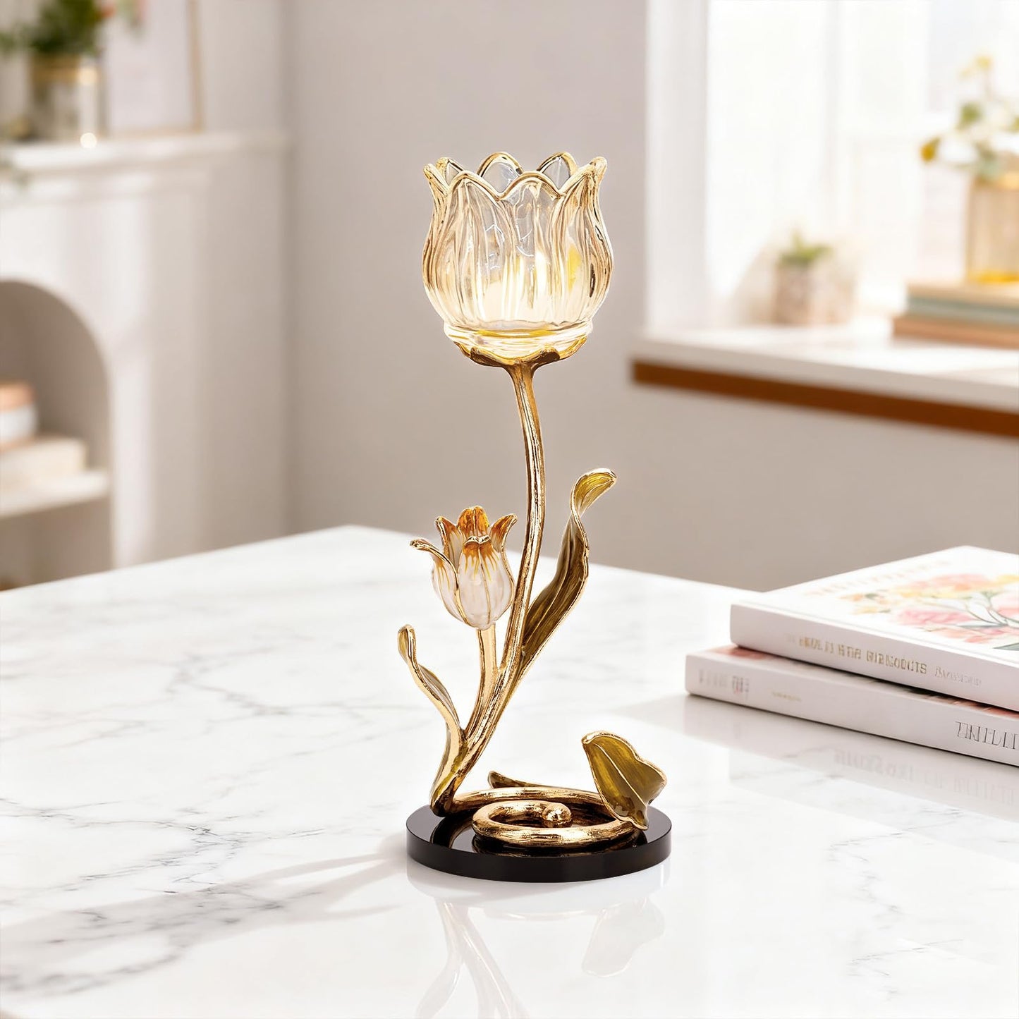 Luxury Crystal Base Glass Flower Candle Holder – Gold Plated Zinc Alloy with Enamel, Romantic Tea Light Holder, French Style Wedding Table Centerpiece, Home Decor