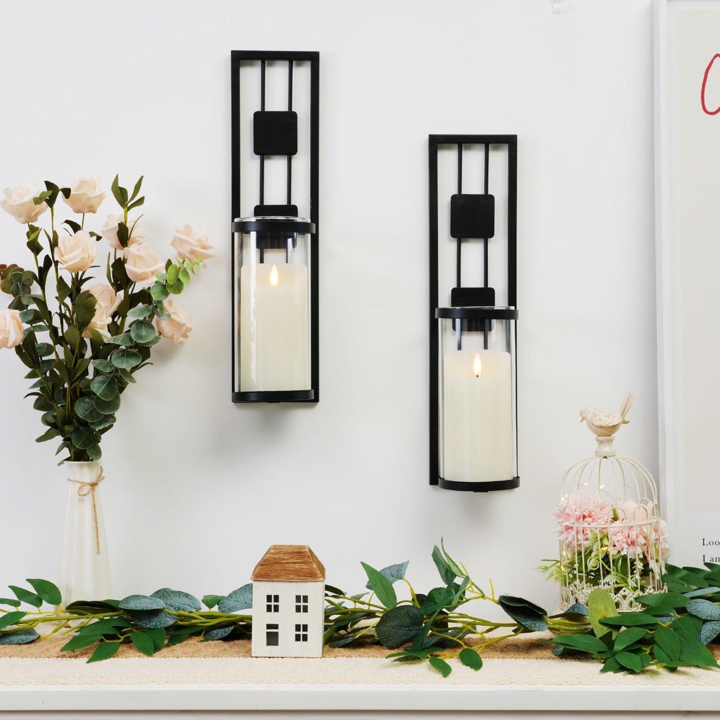 Homemory Wall Sconces Candle Holder Set of 2, Modern Metal Rustic Wall Decor for Living Room, Dining Room, Bedroom, Bathroom(Black)