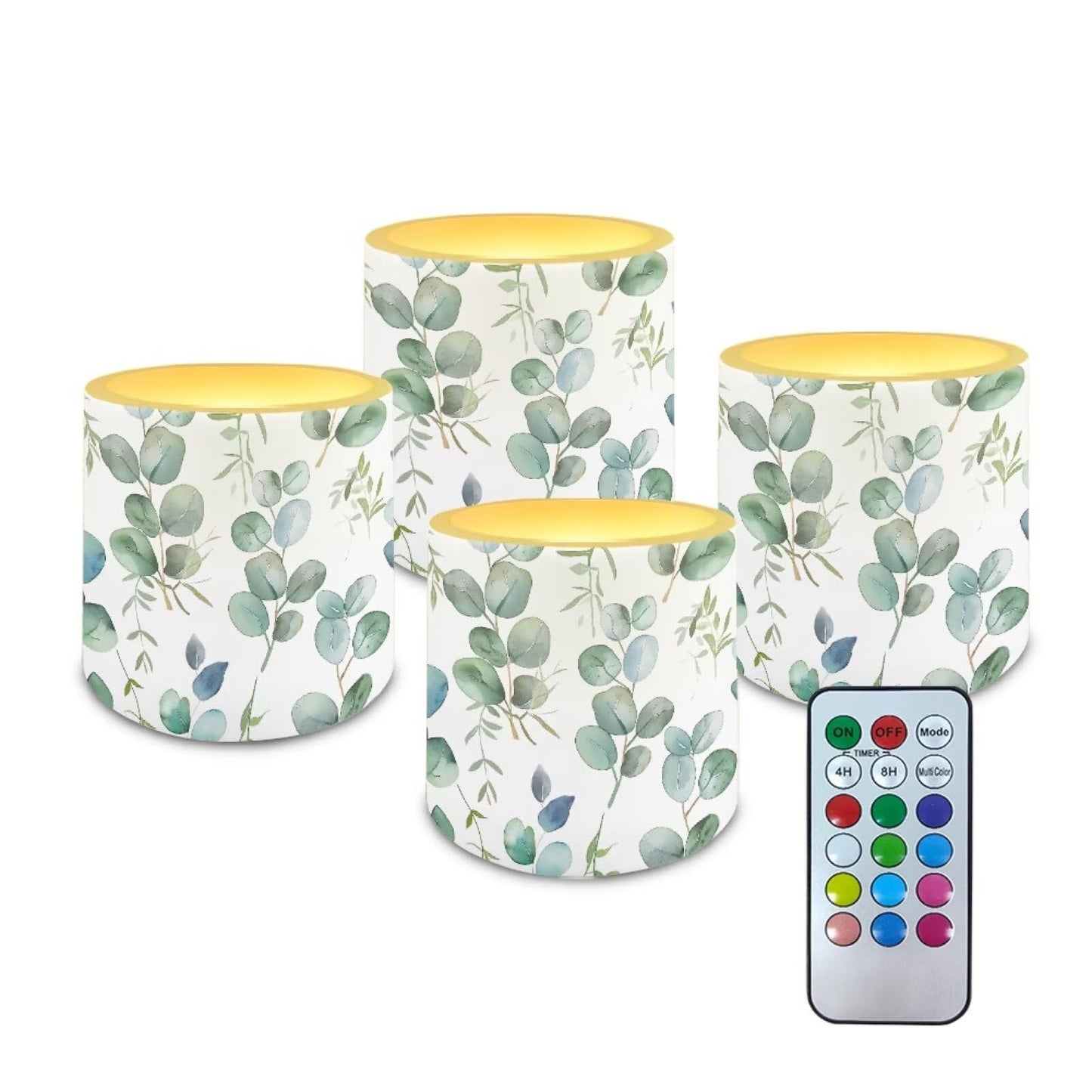 Cozeyat Green Leaves Waterproof LED Flameless Candles 4 Pack Battery Powered with Remote Control Timer Flickering Pillar Candles for Indoor Outdoor Home Decor