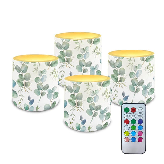 Cozeyat Green Leaves Waterproof LED Flameless Candles 4 Pack Battery Powered with Remote Control Timer Flickering Pillar Candles for Indoor Outdoor Home Decor