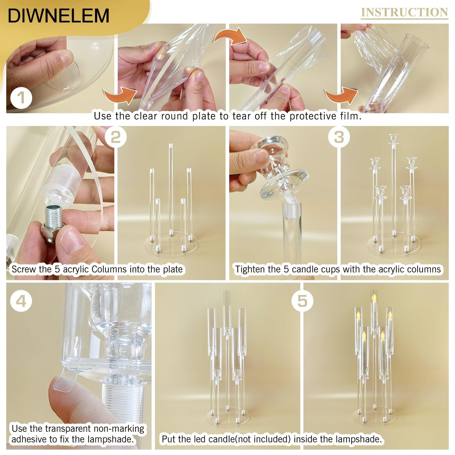 DIWNELEM 4Pcs Acrylic Candelabra Centerpieces for Wedding 5 Arm Clear Candle Candlesticks Holders 25.5" Tall Crystal Taper Candlestick with Shade Fit 0.87'' Led Candle for Christmas Party Home Decor