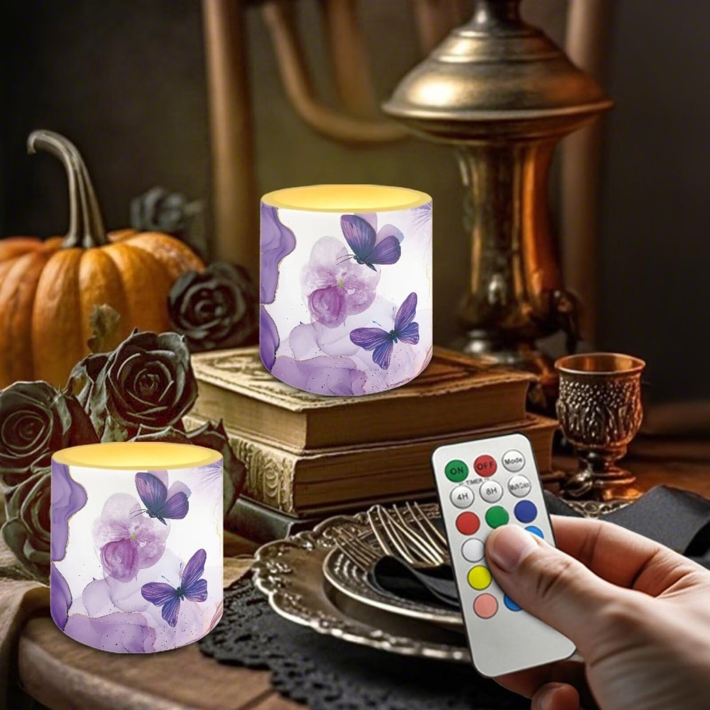 Cozeyat Purple Marble LED Candles Set of 4 Battery Powered Flameless with Remote Timer Dancing Flame Waterproof for Home Beach Garden Decoration