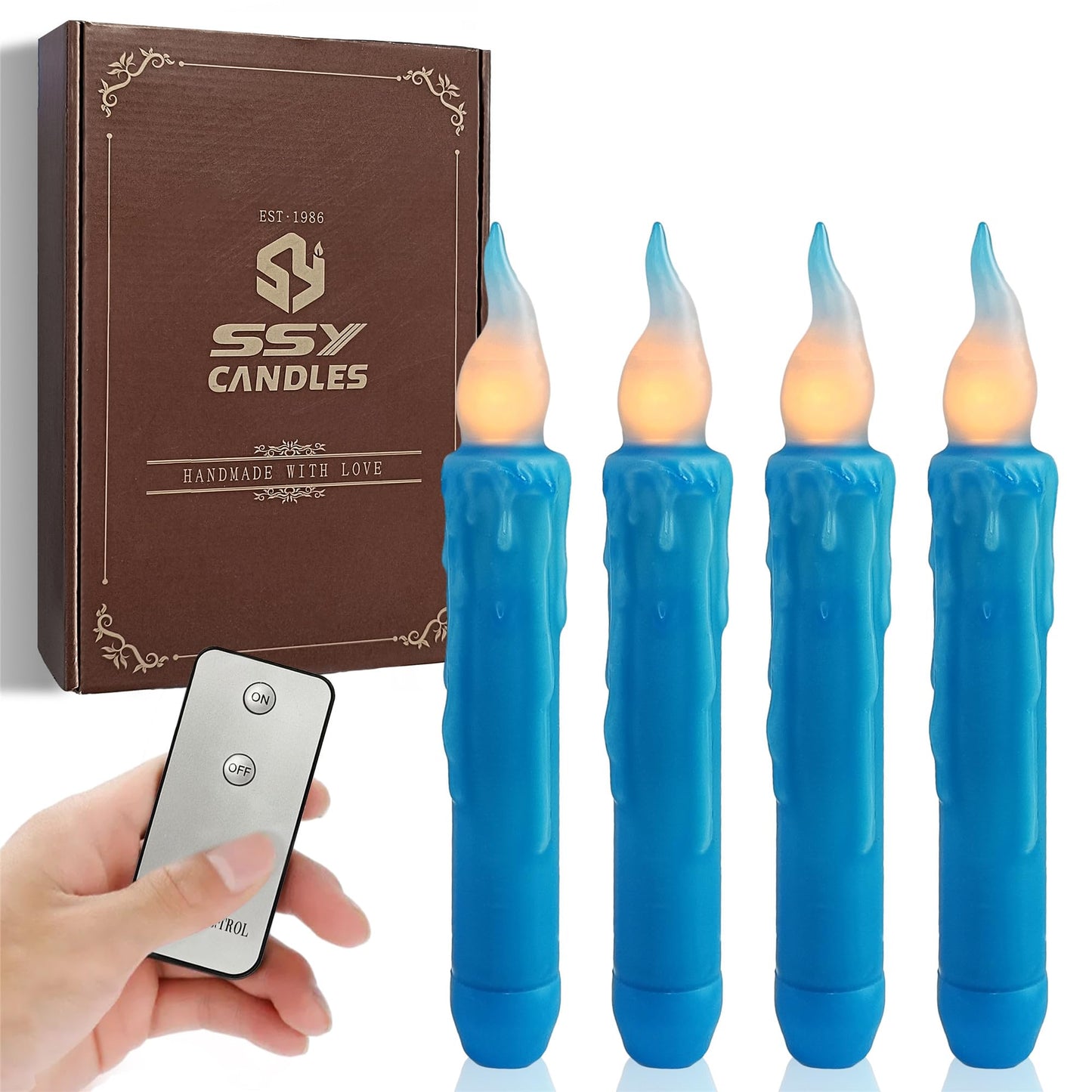 Gedengni Magical Candlesticks Flameless Taper Candle, 4pcs Real Wax LED Tapered Candles Remote Dipped Candle 6inch Battery Chandelier for Enchanting Weddings and Harry Potter Inspired Vigils(Blue)