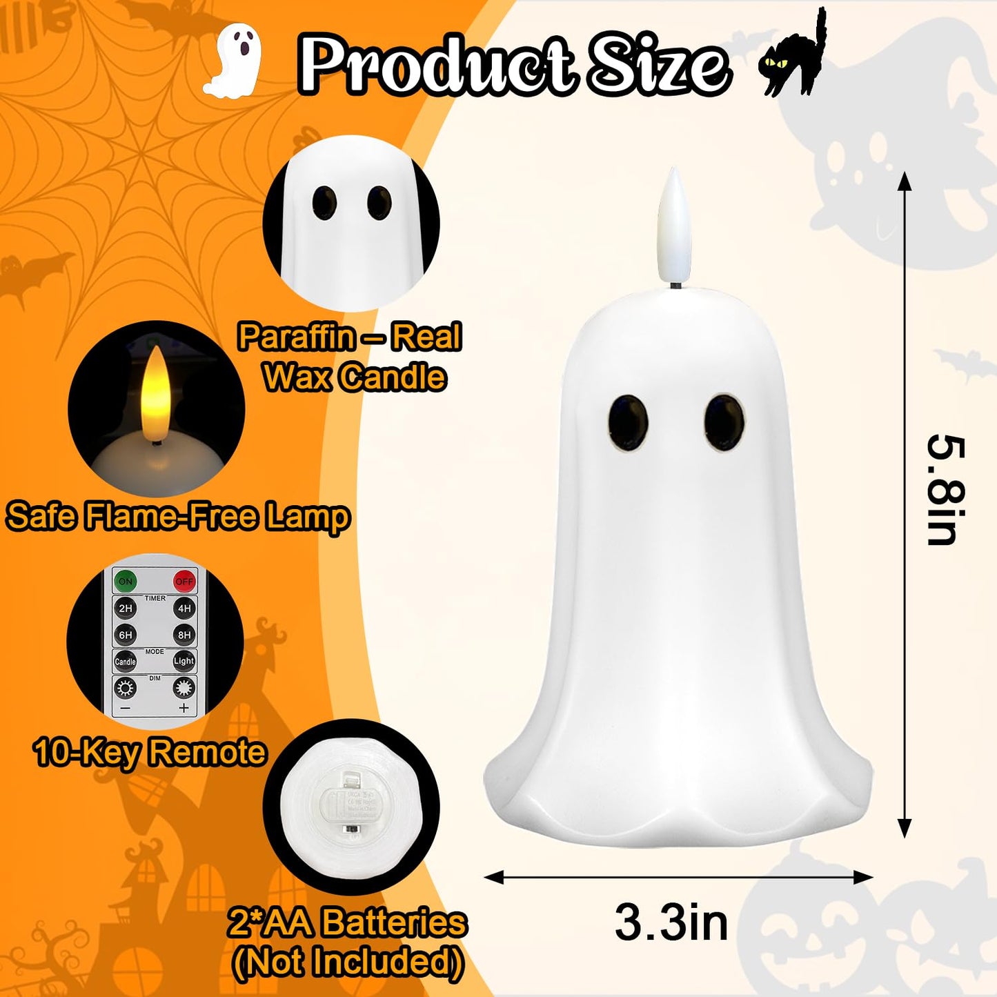 ilifemate Halloween Ghost Candle Lights 2 Pack with Remote, Battery Operated LED Flameless Candle Ghosts with Timer, Spooky Halloween Decorations for Indoor Outdoor Table, Mantel & Party Decor