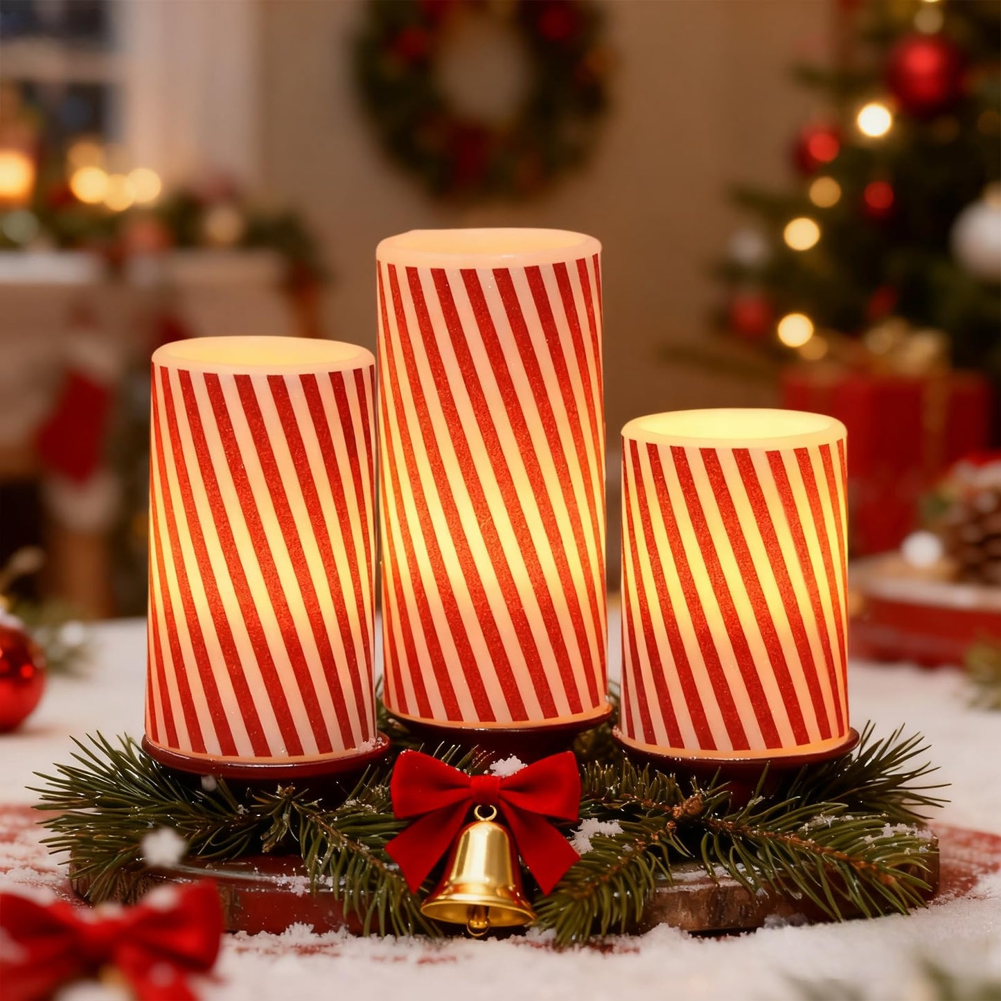 DRomance Christmas Flameless Candles Battery Operated with 6 Hour Timer, Real Wax Flickering LED Pillar Candles Candy Cane Decals Dinner Party Holiday Indoor Table Decor(3 Pack, 3" D x 4", 5", 6" H)