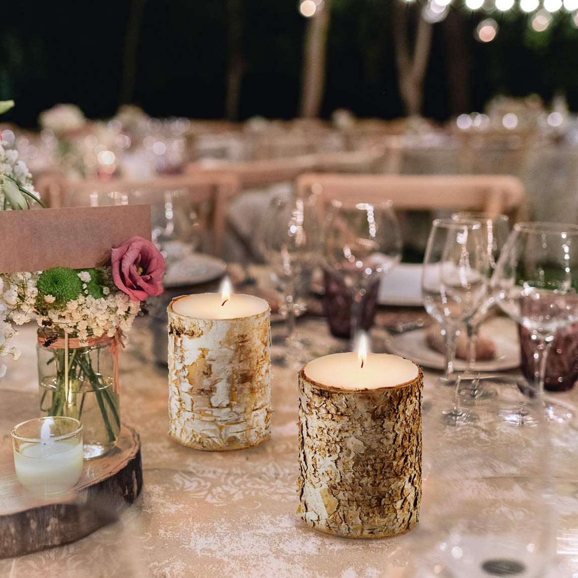Serene Spaces Living Birch Bark Candle, Small Size, Set of 12 – Pillar Style Candle Brings Nature Indoors, Ideal for Weddings, Parties, Events, Restaurants, Home Decor, 3" in Diameter & 4" Tall