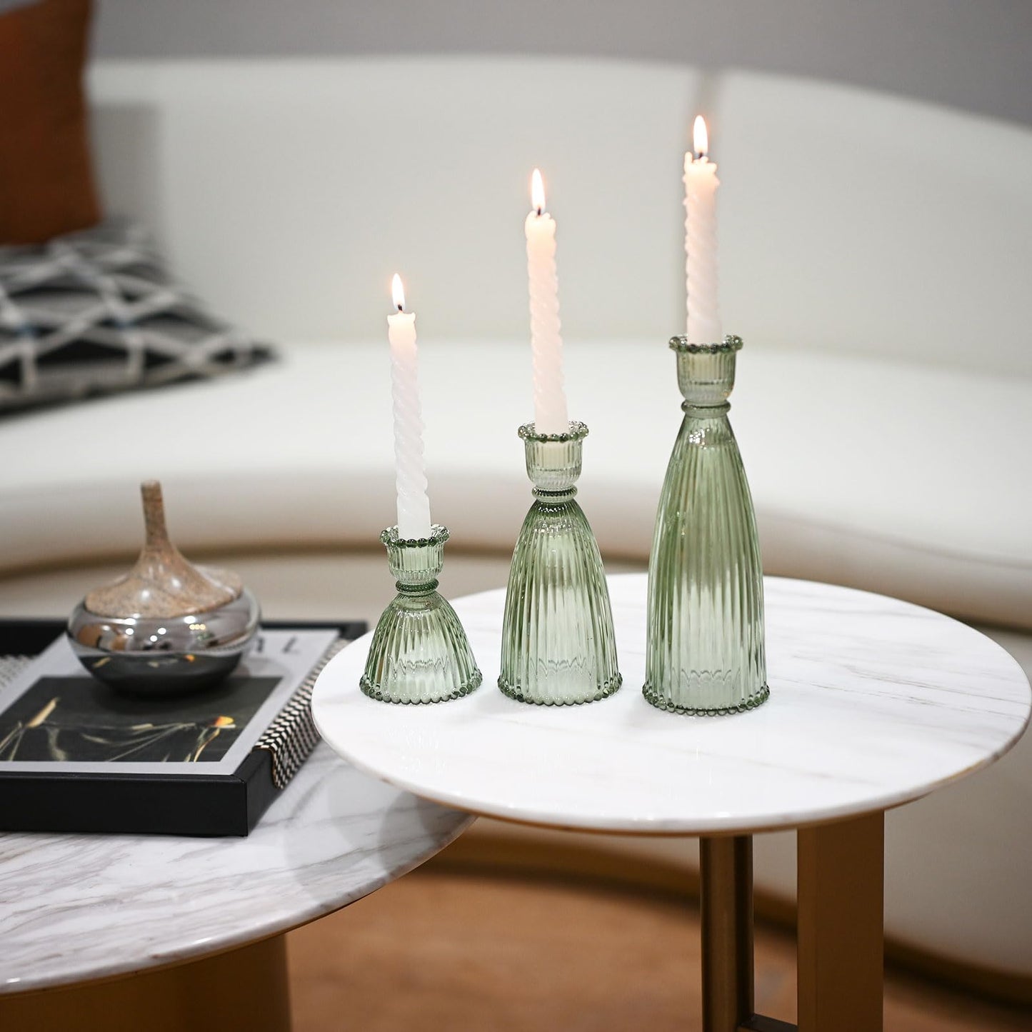 Sveudvdis Glass Candlestick Holders, Set of 3 Thick Taper Candle Holders for or Table Centerpieces, Wedding Decor and Dinner Party (Green)