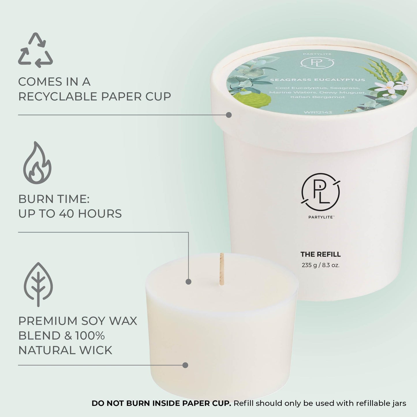 PartyLite Seagrass Eucalyptus Scented Candle Refill, Notes of Eucalyptus, Lemon, Seagrass & Driftwood, 10oz 1-Wick, up to 40 Hours of Luxury, Aromatherapy, Sustainable Premium Soy Wax