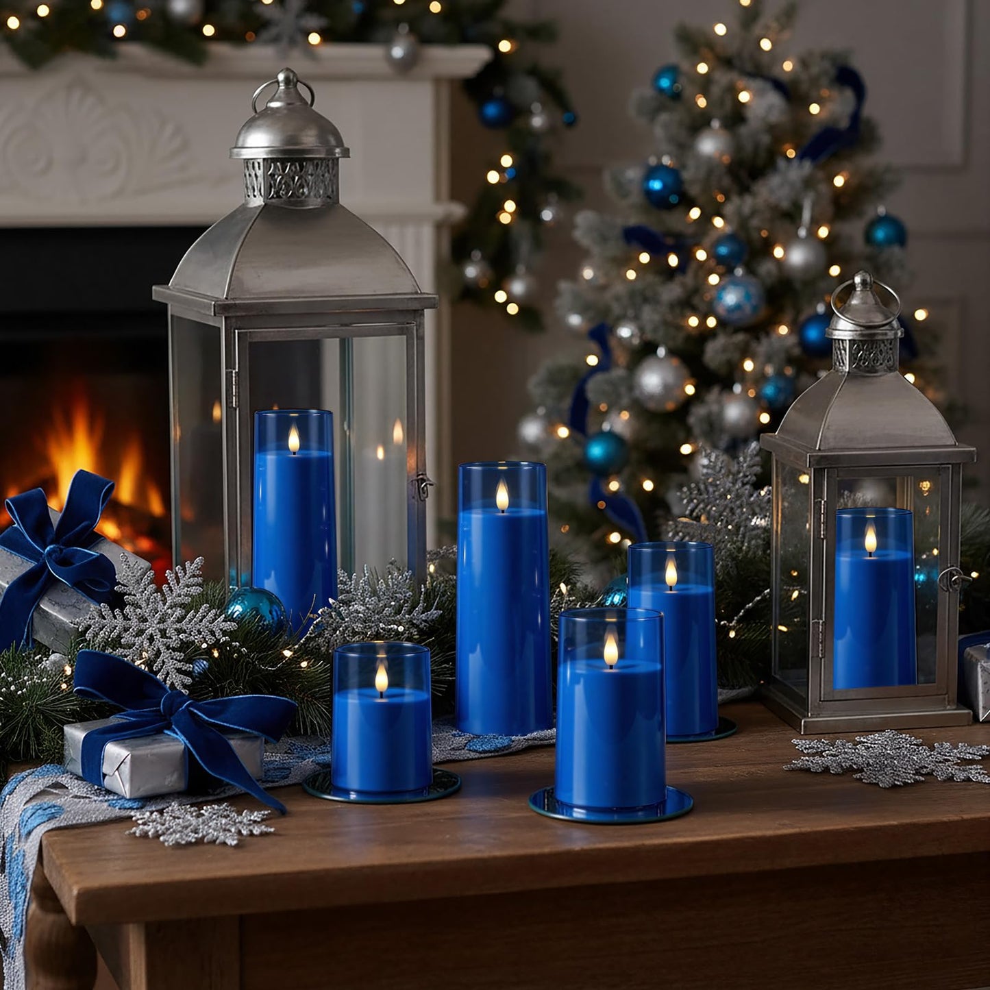 Raycare Independence Day Flameless Candles Battery Operated with Remote Timer, Acrylic Flickering LED Pillar Candle for 4th of July Home Patriotic Decor, Gift for Family and Friend, Blue, Set of 5