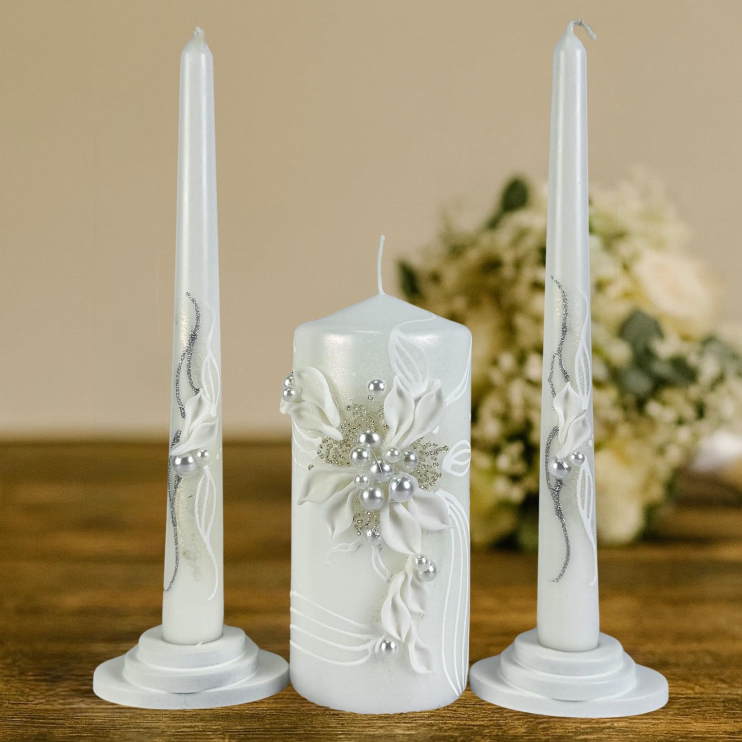 Magik Life Unity Candle Set - Wedding Ceremony & Reception – 6” Pillar & Two 10” Taper Candles – Long Burning Unity Candles for Marriage Ritual – Handmade in USA – Royal White