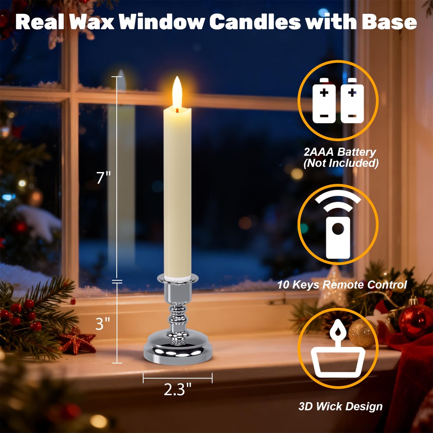 Wondise Flameless Window Candles with Remote Timer, 7" Battery Operated 3D Wick Real Wax LED Flickering Taper Candles for Christmas Decoration, Removable Silver Holder and Suction Cups Included 4Pack