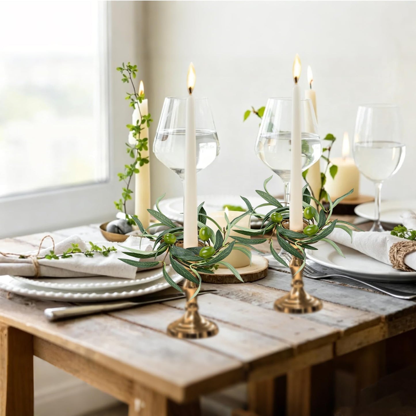 6 PCS 1.38" Mini Spring Summer Taper Candle Ring Mini Green Olive Candle Rings for Tapers Small Artificial Greenery Candle Holder Wreaths for Table Centerpieces Home Wedding Candlesticks Decor