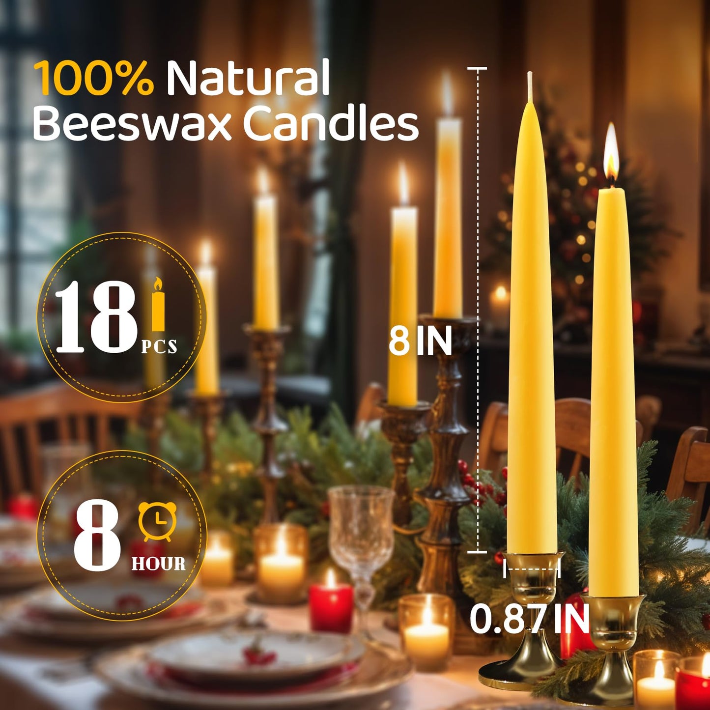 18 Pack Beeswax Taper Candles, 8 Inch Handcrafted Pure Natural Bees Wax Candle Sticks, 8H Long Burning Dripless & Smokeless Unscented Tapered Candlesticks for Home Decor, Wedding, Dinner, Vigil