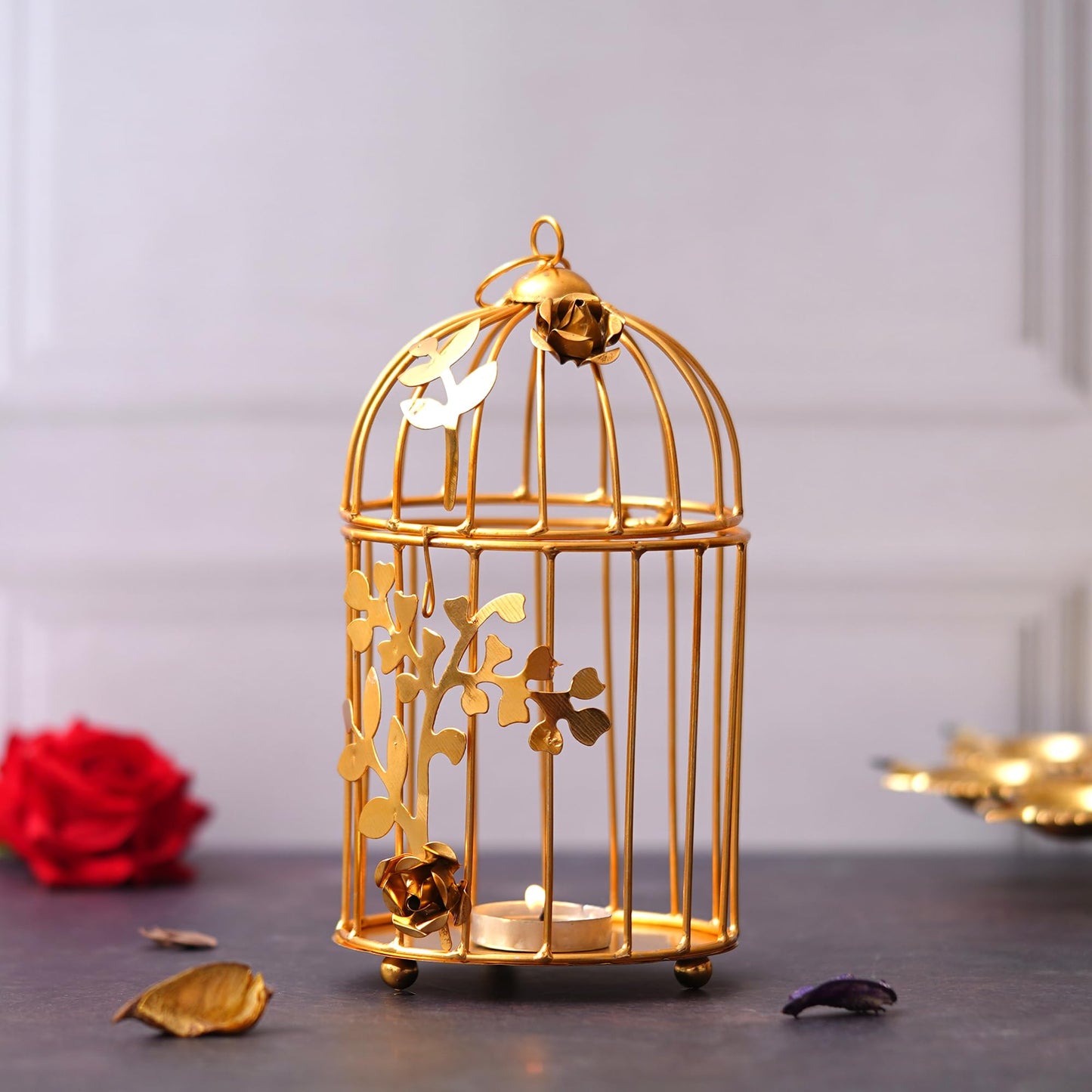 Webelkart Gold Colour Metal Iron Bird Cage tealight Candle holder with Flower Vine- Diwali Candle Holder- Diwali Decorations items For Home Decor