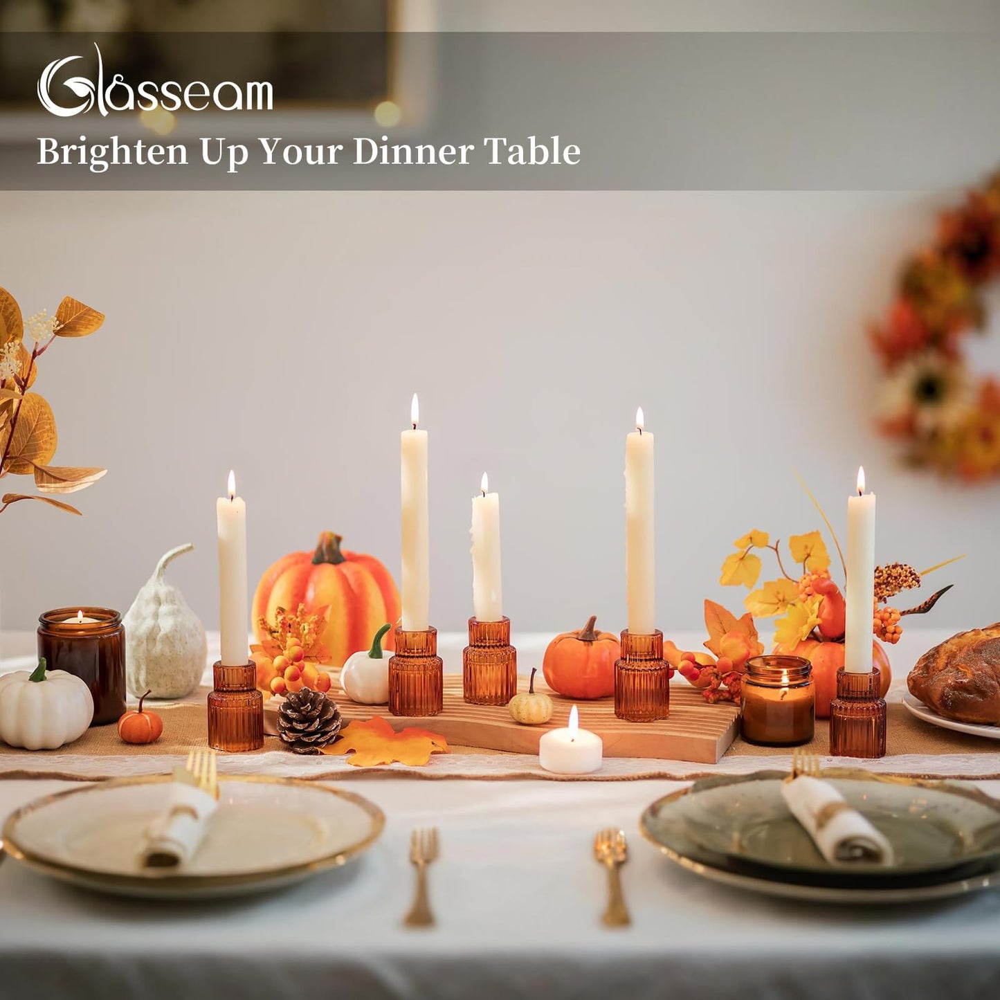 Glasseam Glass Tapered Candlestick Holders: Amber Ribbed Set of 2 for Table Centerpiece, Fall Decor, Christmas Party, Halloween, Thanksgiving