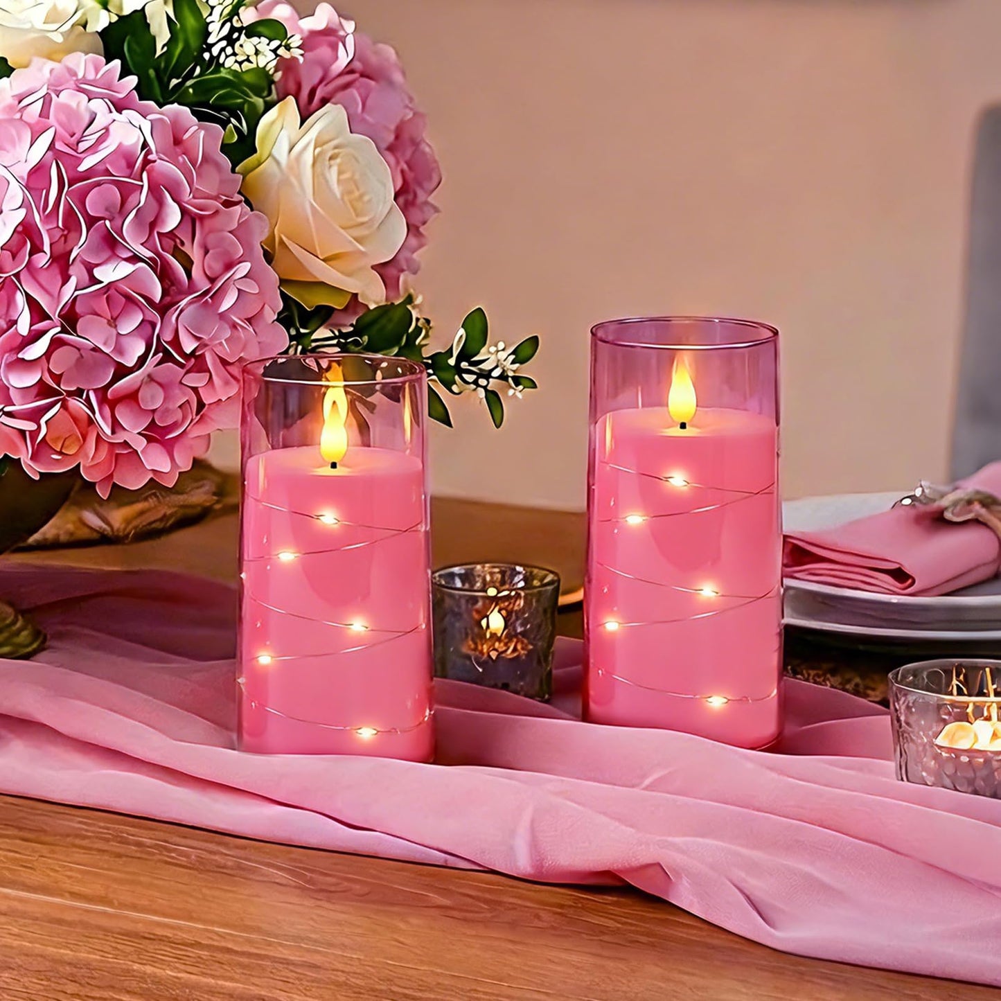 Homemory Flameless Pink Candles with Embedded Star String Fairy Lights, Battery Operated Candles, LED Candle, Fake Candles with Remote Control and Timer, Set of 2(H 6" 6")