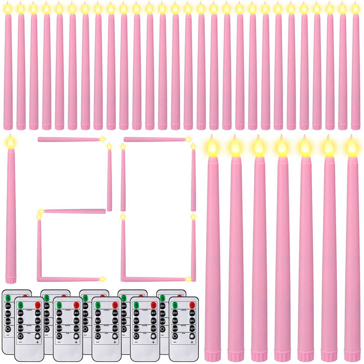 Baquler 120 Pcs Flameless Taper Candles with Remote and Timer 11" Battery Operated Candlesticks LED Flickering Faux Candles Warm Light for Wedding Holiday Party Home Decor (Pink)