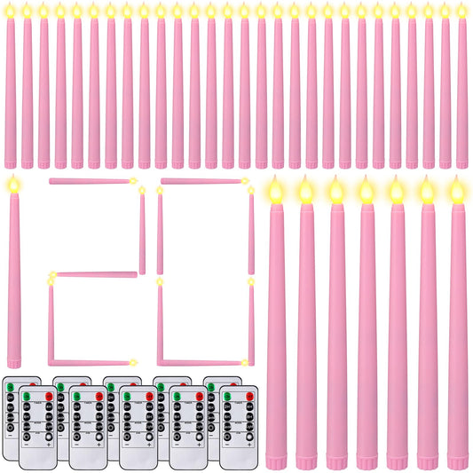 Baquler 120 Pcs Flameless Taper Candles with Remote and Timer 11" Battery Operated Candlesticks LED Flickering Faux Candles Warm Light for Wedding Holiday Party Home Decor (Pink)