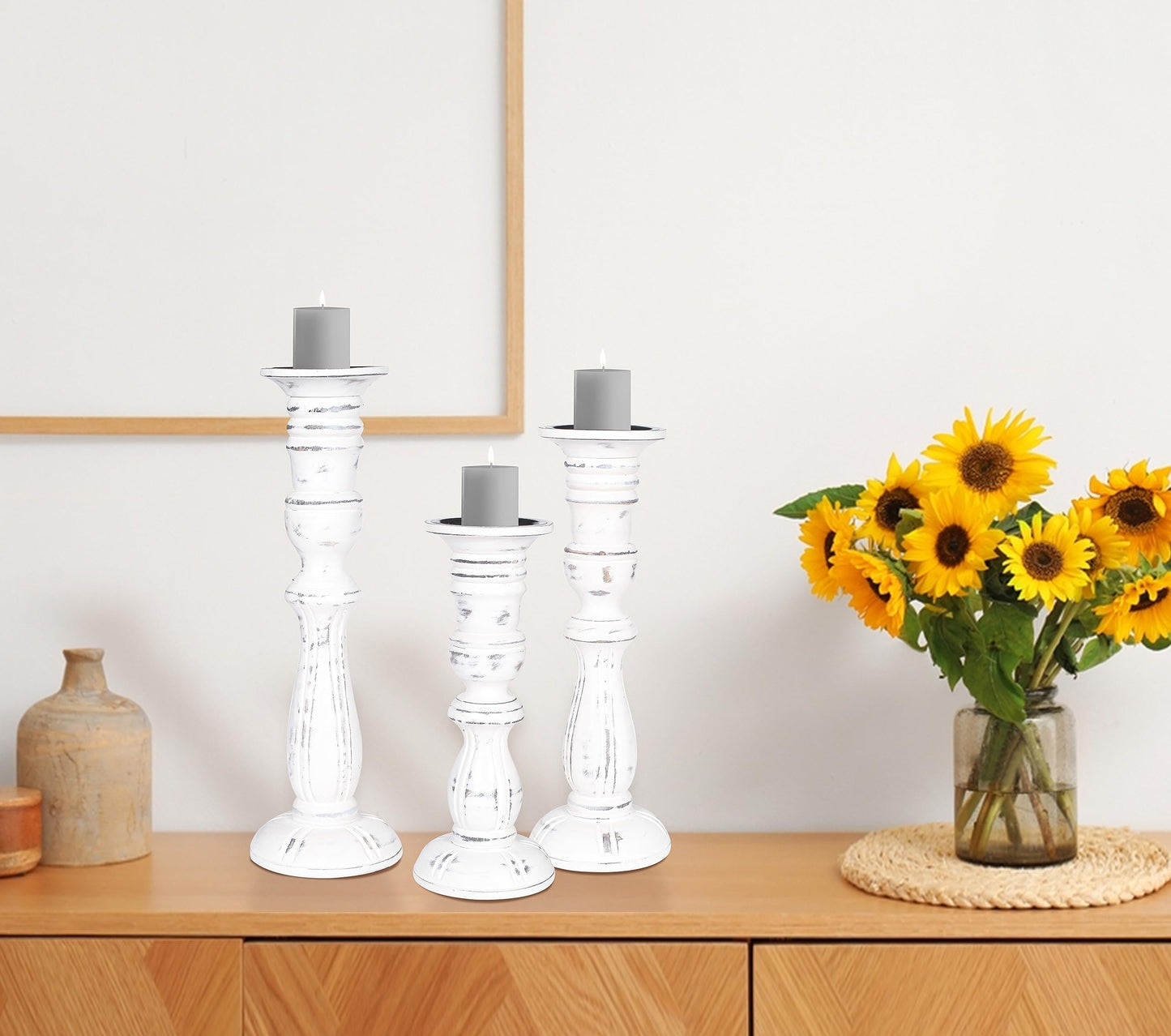Wooden Candle Holder Set of 3, Tall White Wash Pillar Candle Holders, Rustic Farmhouse Decor, Brown Wooden Candle Stands for Home Decoration - 16, 14, 12 Inch Height