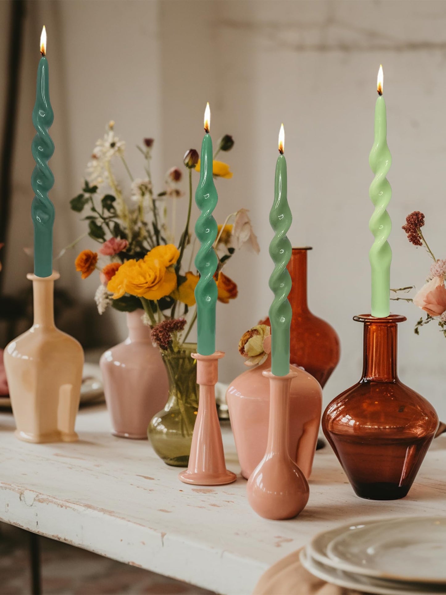 LPUSA Green Spiral Candle Sticks Tapered Candlesticks Twisted Taper Candles for Table Decor Housewarming Gift Idea-4pcs (Green Gradient-B)
