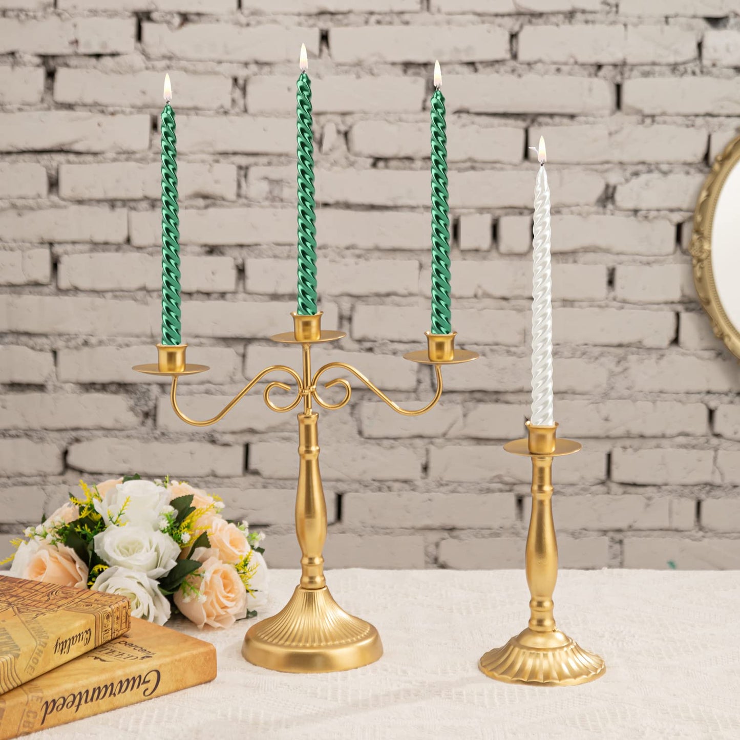 SEVEN LUCKY LIGHT 10 Inch Spiral White Taper Candles Set of 4, Metallic Finish Dripless Candlesticks, 8+ hrs Smokeless Clean Burning for Christmas, Home, Dinner, Wedding & Church Decor