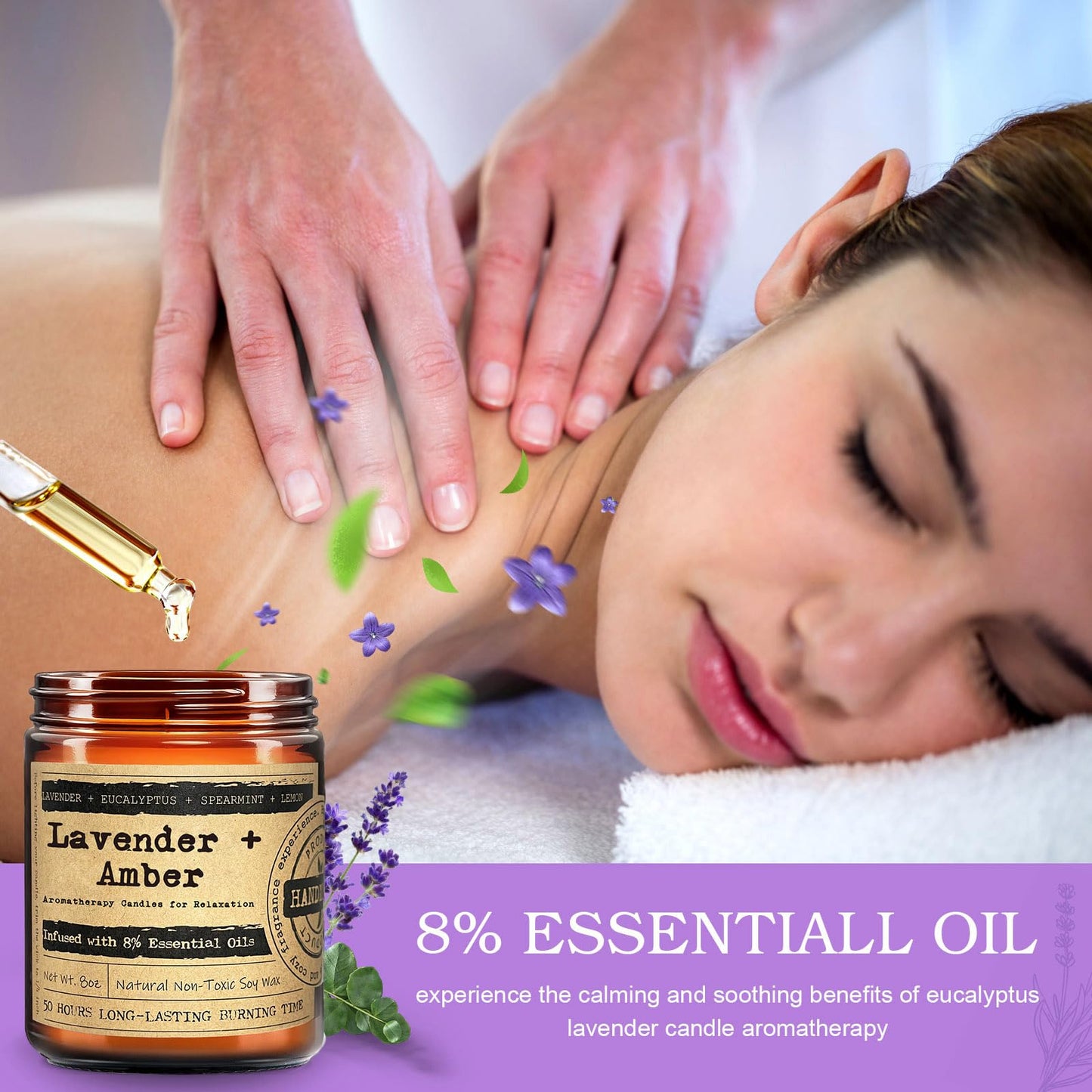 KOTKAS Amber Lavender Eucalyptus Candles for Home Scented - Aromatherapy Soy Candles Non Toxic Calming Candle Gifts for Women Relaxation Stress Relief Soothing Yoga Meditation Spa Bath Relaxing, 8oz