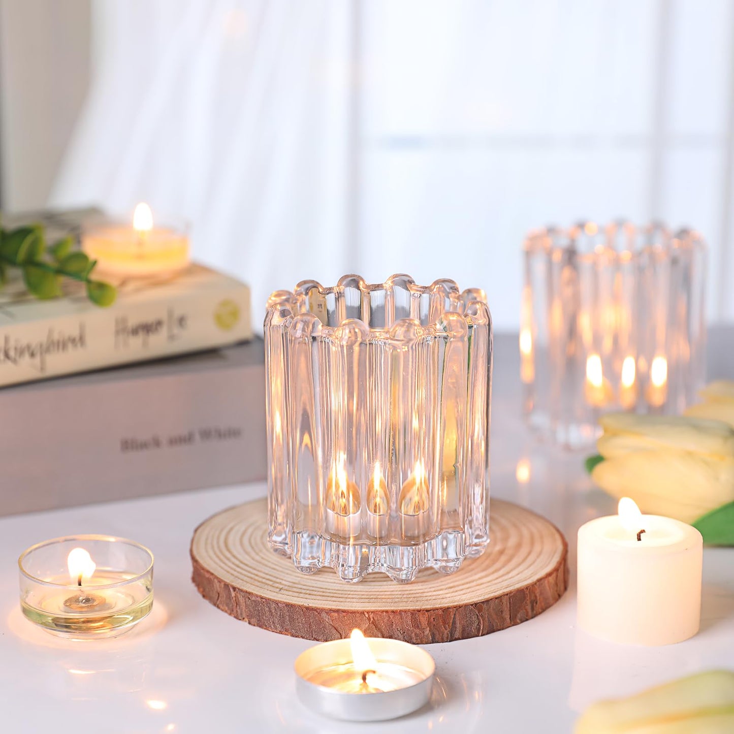 HAVITI Glass Clear Votive Candle Holder, Ribbed Votive Candle Holders Set of 12, Tealight Candle Holder for Wedding Centerpieces Dinner Party Table Decor