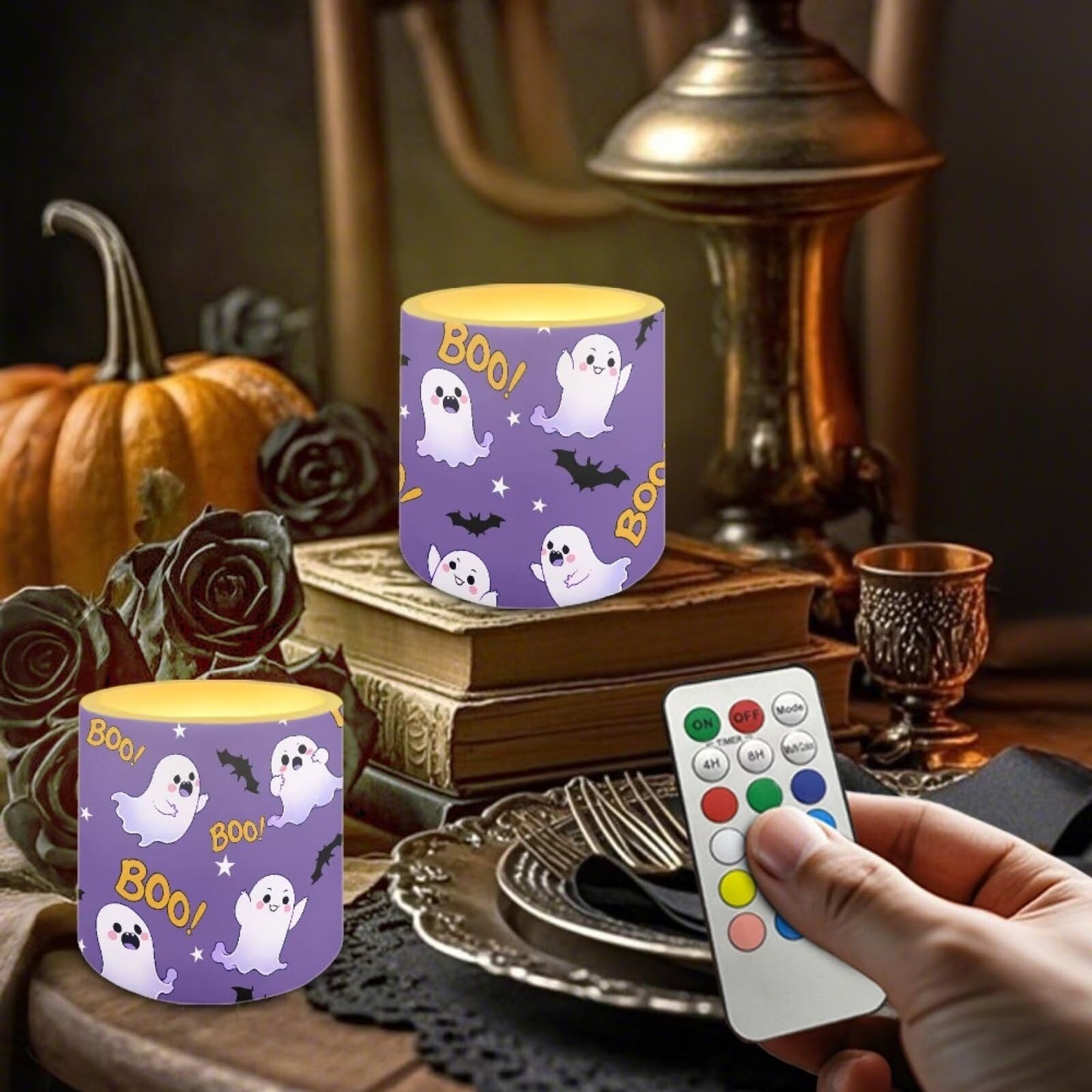 Merkmak Halloween Ghost Bat Print Battery Operated Flameless Candles with Remote and Timer Flameless LED Pillar Candles for Banquet Party Home Decorations 4 Pack Tea Lights Bulk