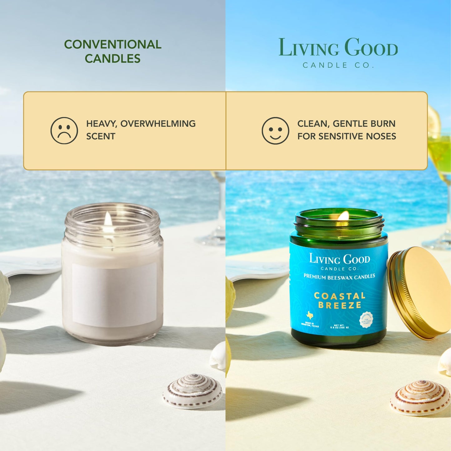 Coastal Breeze – Yuzu & Sea Salt Beeswax Candle, Non Toxic Scented Candle, Clean Burning Ocean & Beach Candle, Fresh Airy Summer Candle for Home, Gift for Women & Men - 5.5 OZ