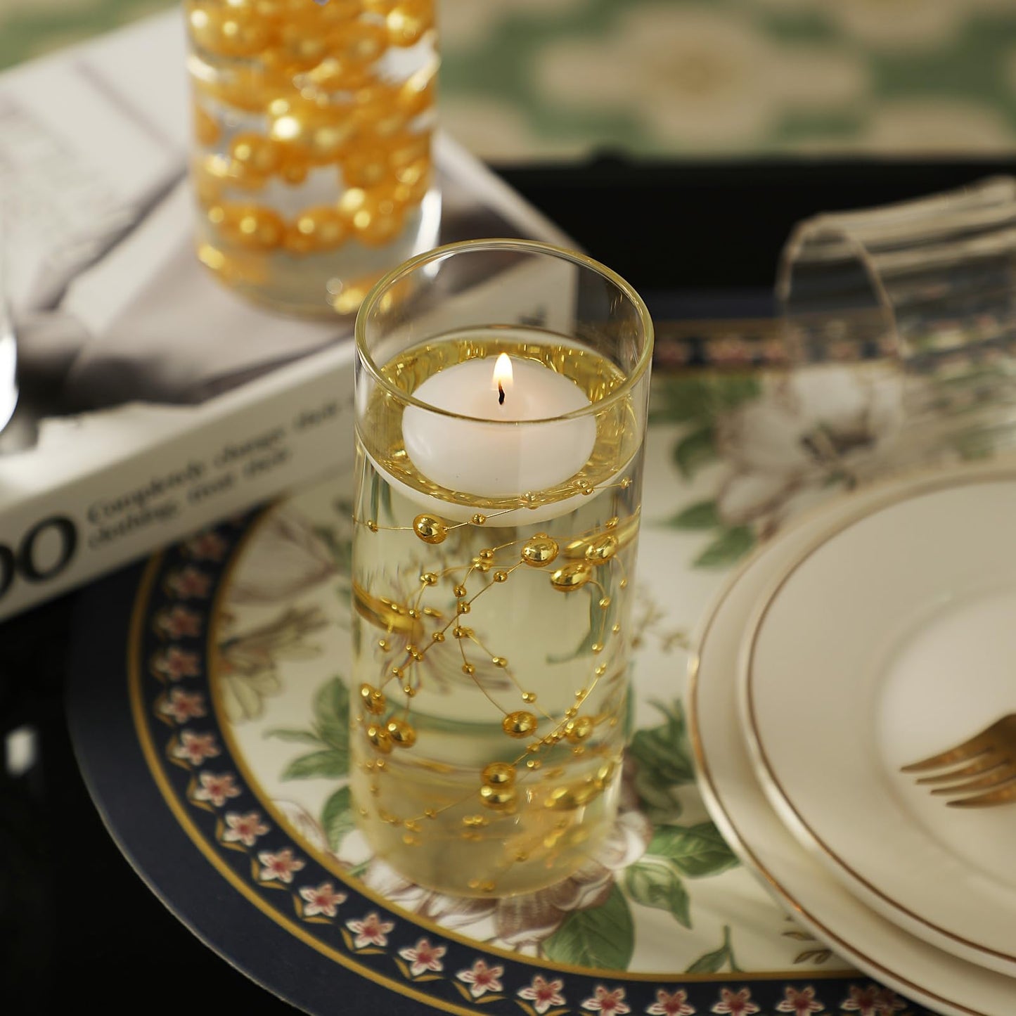 PNJHDZ Set of 3 Glass Cylinder Vases for Centerpieces with 2 Pack Vase Filler 3 Pearl String 6 White Floating Candles for Centerpieces, Table Center Pieces for Wedding Party Home Decor 5, 6, 8 Inch