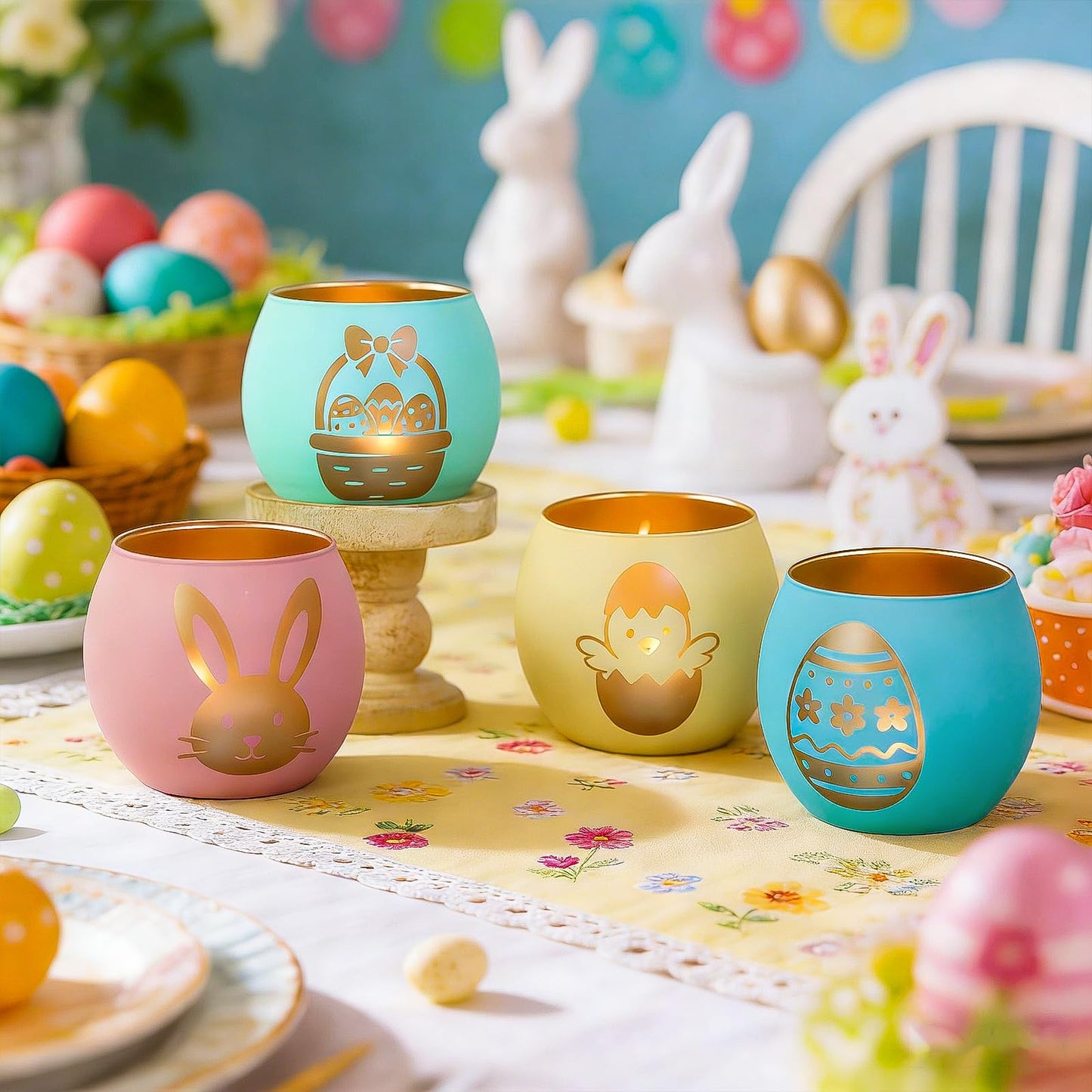 Easter Glass Candle Holders Set of 4, Pastel Tealight Holders with Gold Bunny, Chick & Egg Designs, Decorative Votive Candle Holders for Easter Table Centerpiece, Spring Home Decor & Gifts