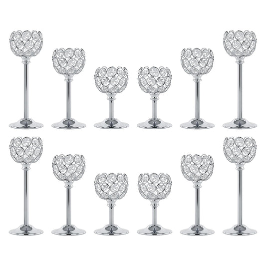 Crystal Candle Holders 4 Set of 12 - Sliver Vintage Hollow Ball Candle Stand for Table Centerpiece, Crystal Metal Tealight Candlestick for Wedding, Dining Room Decor