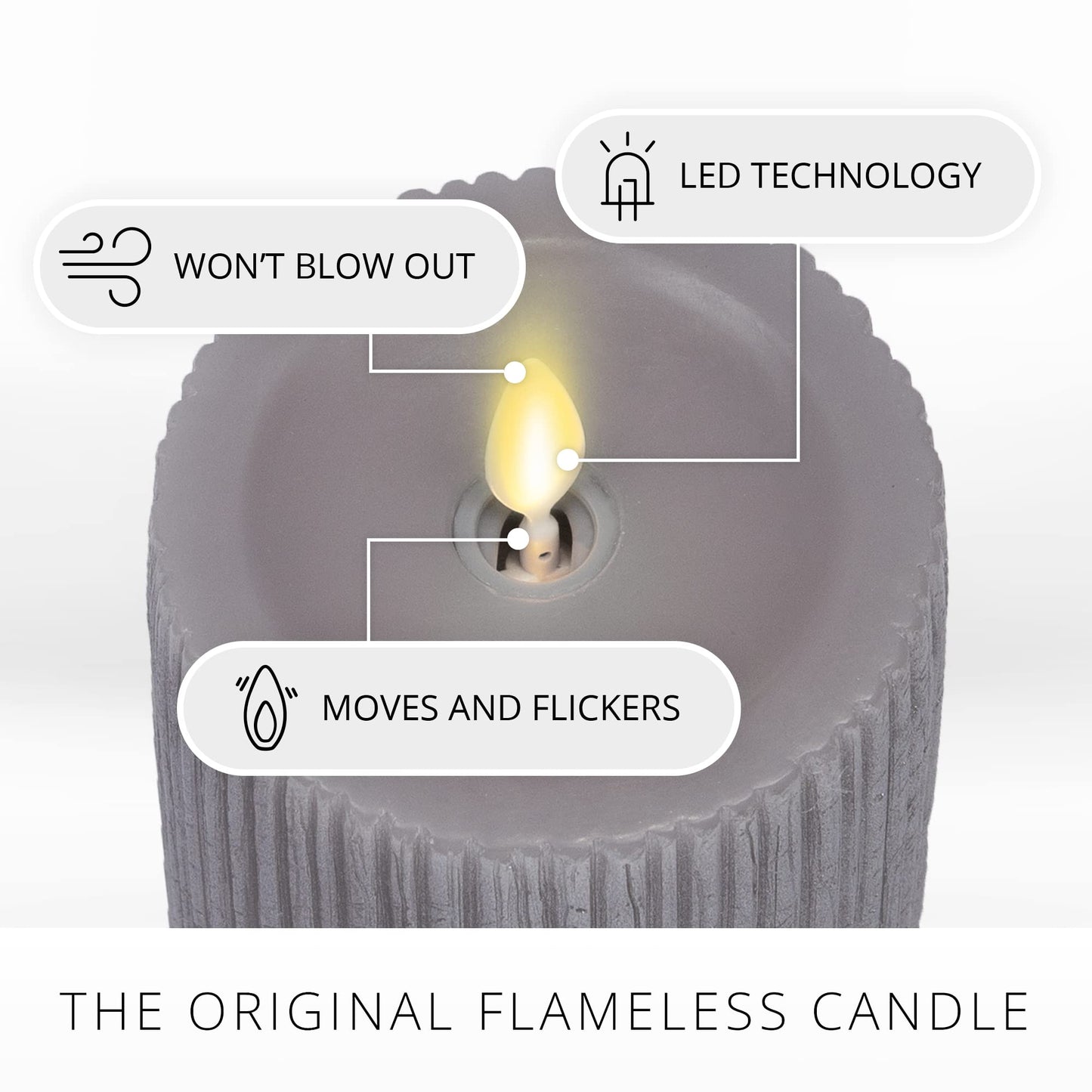 Luminara Metallic Embossed Pillar, Grey Flameless LED Candle 3.25" x 6.5", Battery Operated Real Flame Technology w/Timer Function, Paraffin Wax