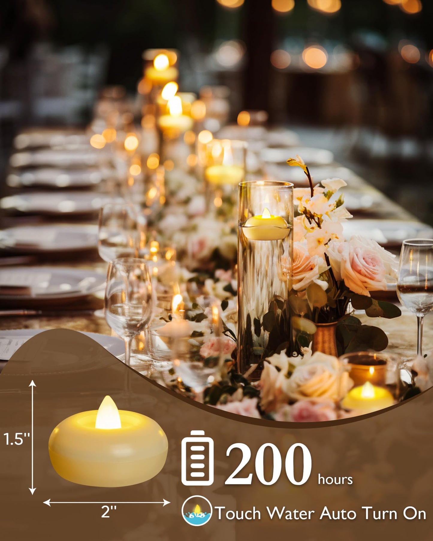 Homemory 6 Pack 2” Flameless Led Floating Candles, 200 Hour Battery Operated Flickering Waterproof Tealights for Cylinder Vases, Centerpieces at Wedding, Party, Pool, Holiday (Ivory Base)