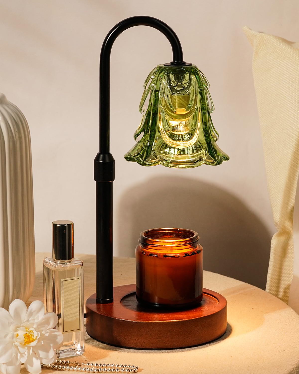 Small Candle Warmer Lamp with Timer, Adjustable Green Lamp Warmer for Jar Candles, Unique Women Gifts for Birthday, Dimmable Candle Heater, Mothers Day Gifts, Cute Wax Warming Light with Wood Base