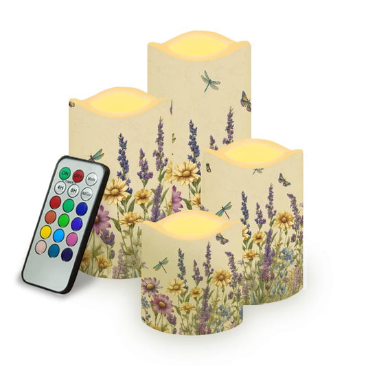 Cozeyat Wildflowers Flameless Candles 4 Pack Battery Operated with Remote Timer LED Pillar Candles Flickering Waterproof for Indoor Outdoor Party