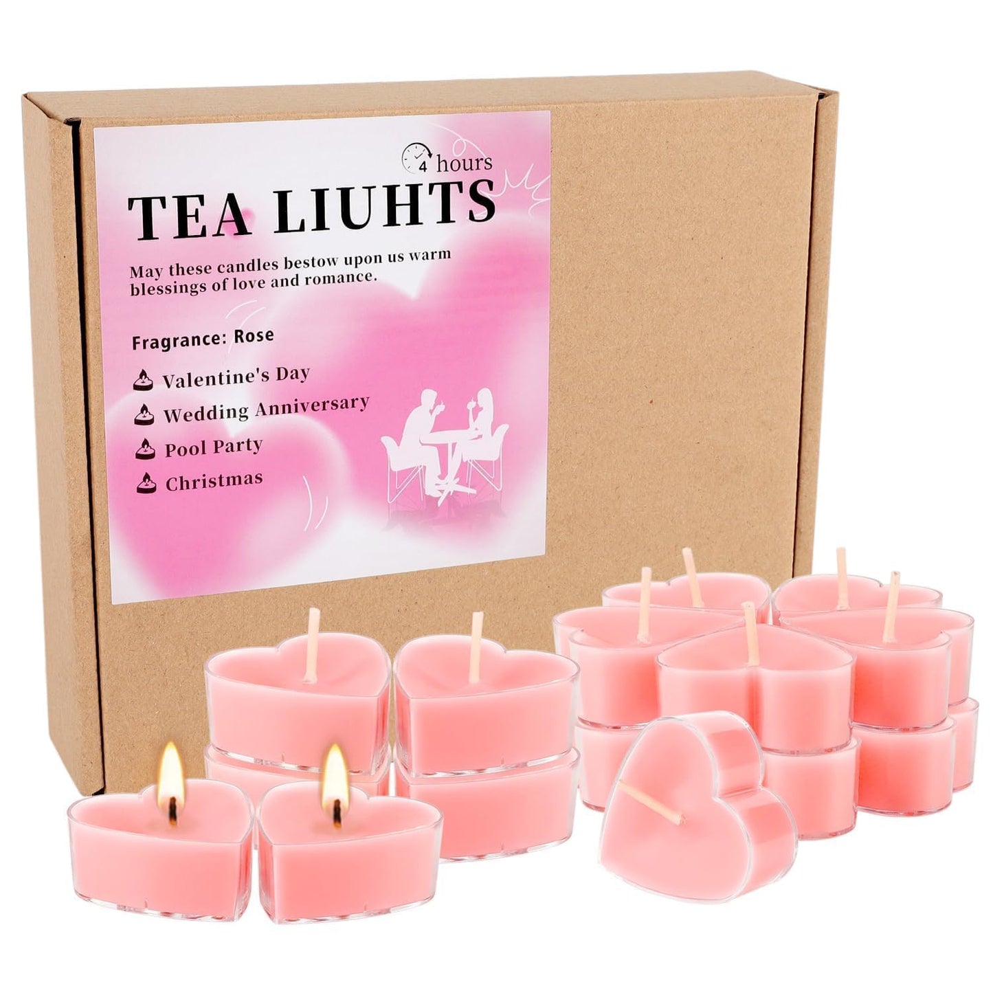 50-Pack Pink Heart Tea Wax (4-Hour Burn) - Rose-Scented Candles for Valentine's Day, Anniversaries, Weeding,Pool Parties & Romantic Decor & Special Occasions.