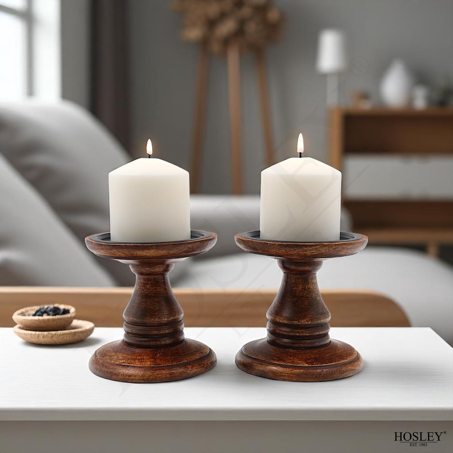 Hosley Set of 2 Brown Wood Pillar Candle Holders 5 Inch High Ideal Gift for Weddings Bridal Party Spa Reiki Meditation Votive LED Pillar Candle Gardens