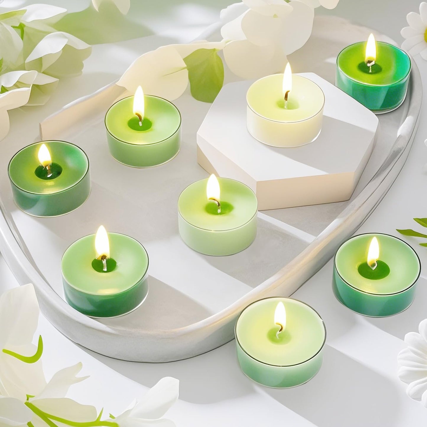 Honoson 12 Pack Green Tea Lights Candles Green Round Tea Light Natural Wax Scented 6 Scents Conversation Candle for Spring Easter Wedding Engagement Gifting Aromatherapy Anniversary Summer Home Decor