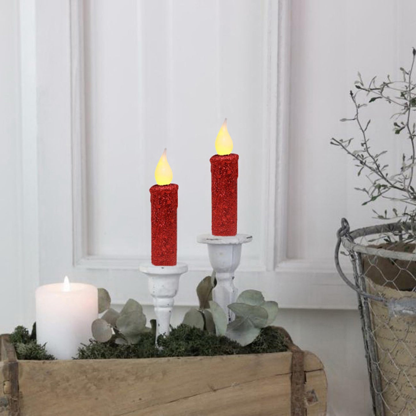 CVHOMEDECO. Glitter Flameless Candles Flickering Battery Operated LED Taper Candles with Timer for Home, Wedding, Halloween, Christmas Decor. Red, 4-3/4 Inch, Set of 3