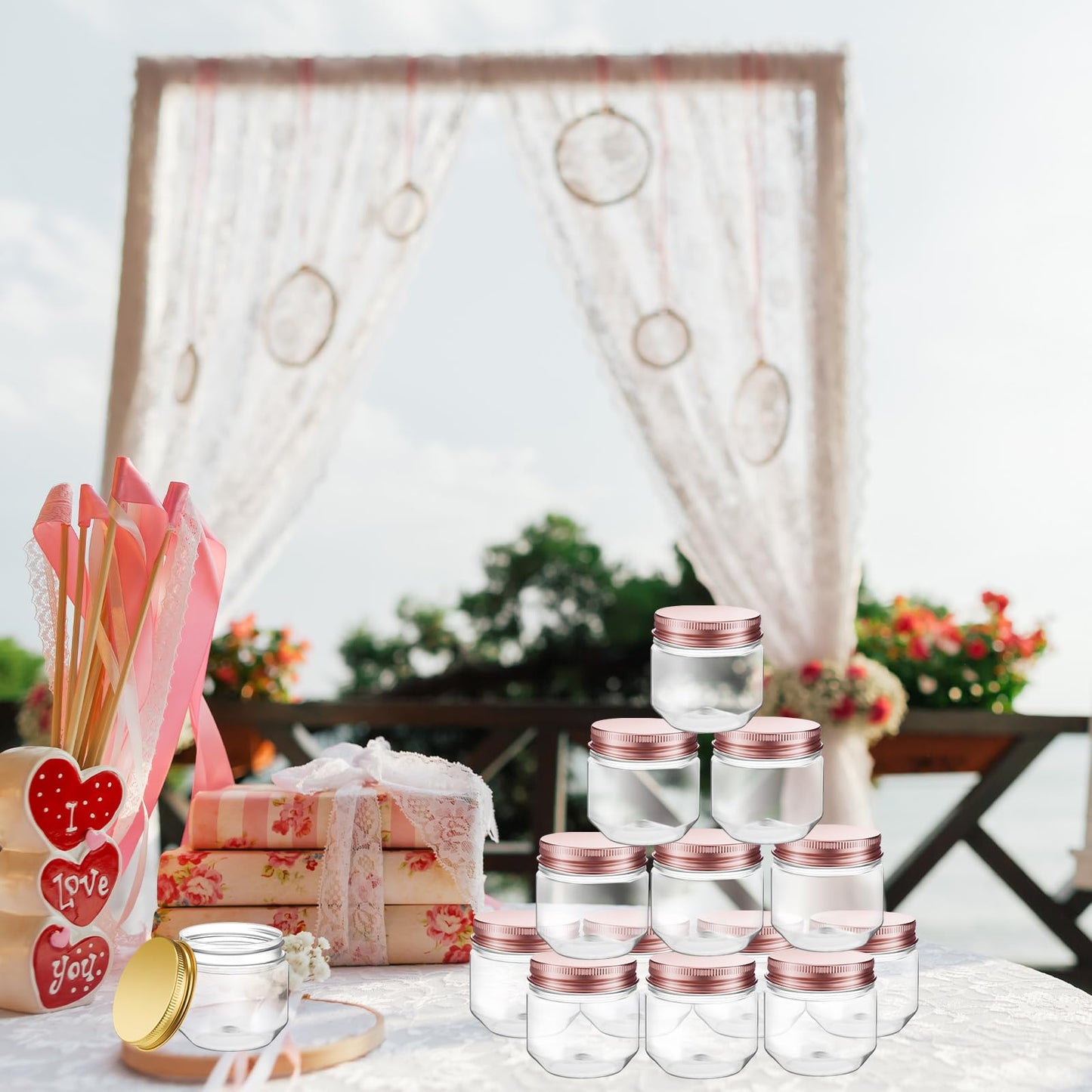 Tanlade 60 Pcs 3 oz Clear Plastic Jars with Lids Wide Mouth Mason Jars Mini Storage Containers Bulk for Herb Jelly Wedding Valentine Favors Shower Party Favors(Rose Gold)