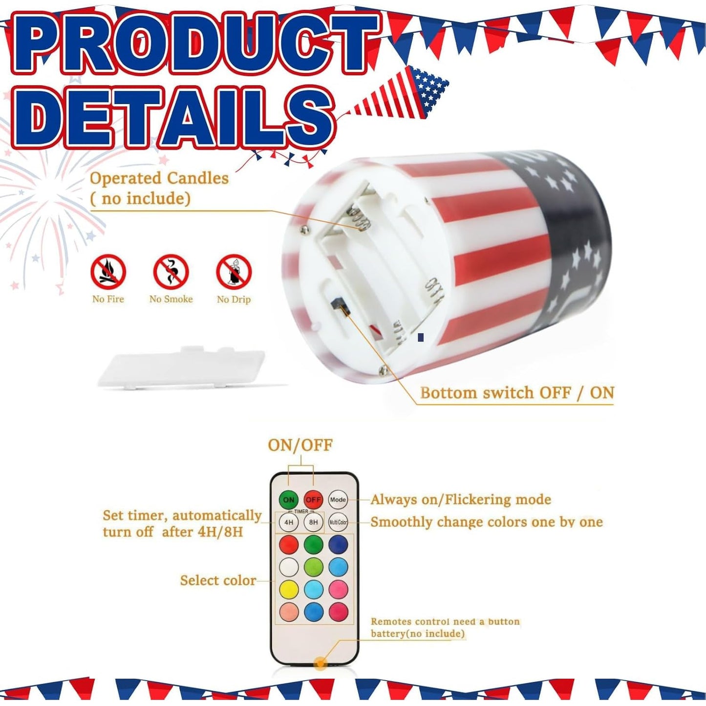 ONEIHOMM 4th of July Candles Battery Operated with Timer Remote Control, Patriotic Candles for American Independence Day Decorations,250th Anniversary American Flag LED Candles,6inch,3 Pcs