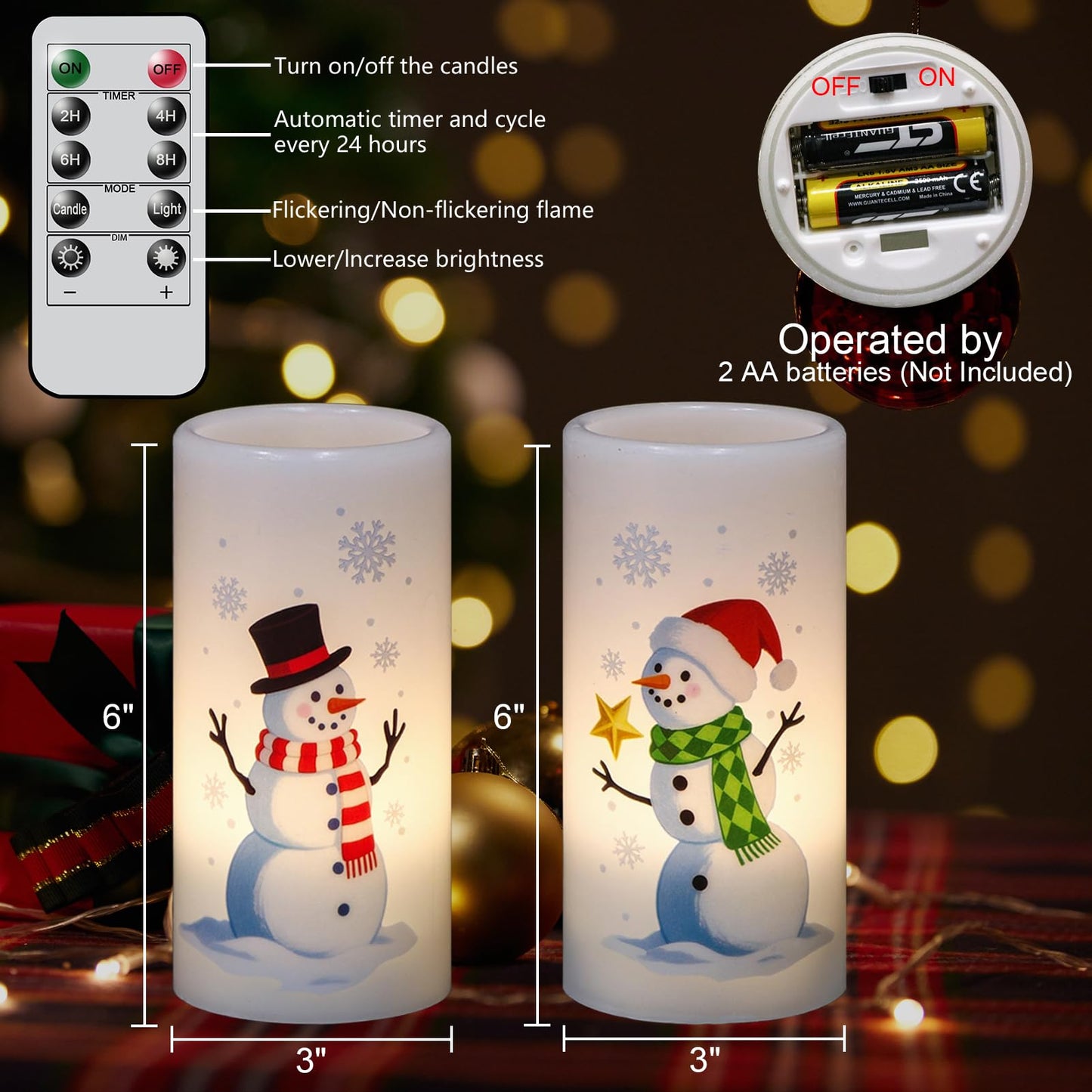 Eldnacele Christmas Snowman Flameless Candles Battery Operated with Remote and Timer Real Wax Flickering LED Pillar Candles Xmas Holiday Indoor Decor(2 Pack, 3" D x 6" H)