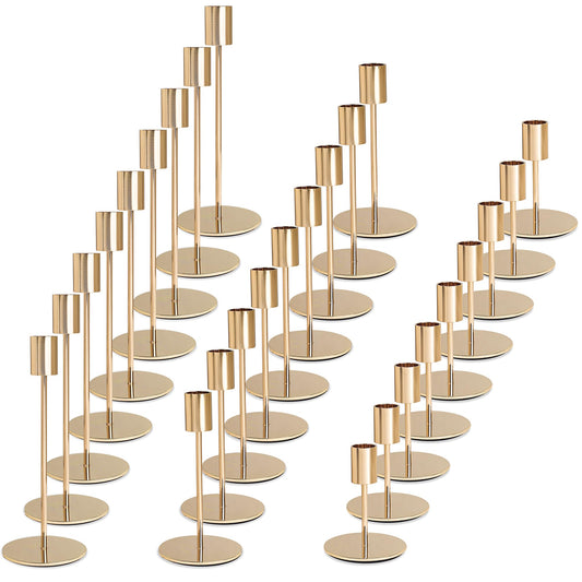 KDJFIIH Gold Candlestick Holders - Bulk Decorative Metal Candelabra - Fits 0.8 Inch Diameter Taper Candles - Gold Taper Candle Stands for Wedding, Home, Party Table Decor (Set of 27)