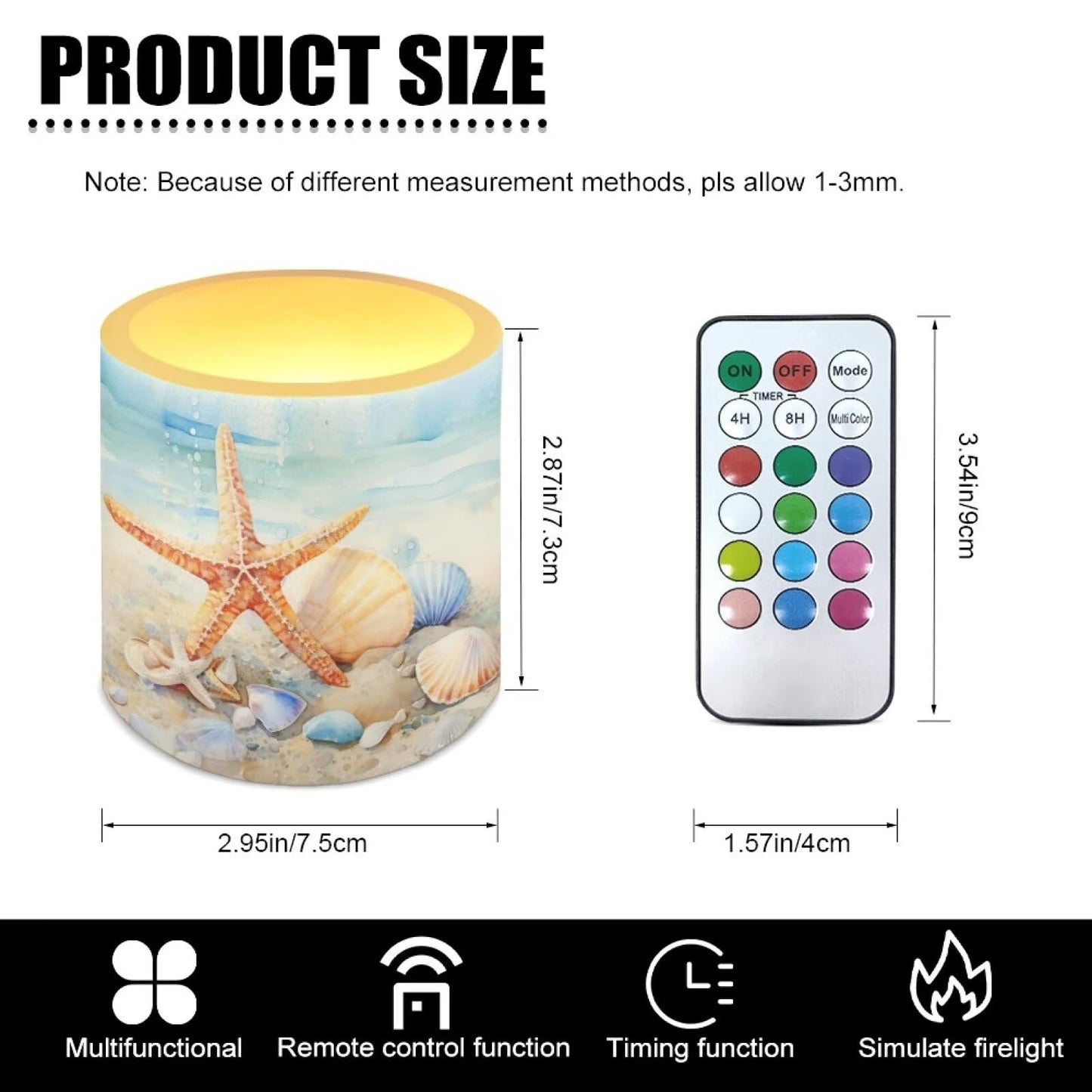 Merkmak 4 Pcs Coastal Flameless Candles Bulk with Remote Battery Operated Pillar Candles with Timer Painting Starfish Shell LED Tea Lights for Beach Theme Home Bathroom Bedroom Decorations